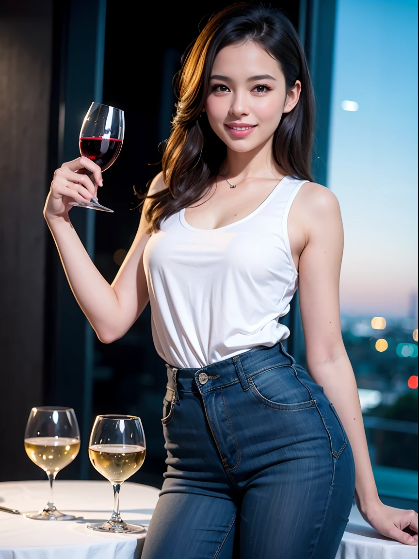 (64K, UHD, top quality, masterpiece: 1.2), (realistic, photorealistic: 1.37), super detailed, pretty woman 1 person, (slim face), (slim body), (brown hair), (short cut), cheeks slightly blushing, (42 years old), 38 years old, solo, beautiful detailed urban night view outside the window, restaurant, wine glasses sit, night, in a prominent place (from the waist up) NovaFrogStyle, Actress, Model, Waist Up, White Wine, Slim, Wine Glass, Super Clean Night View, Wine Glass Put in the Middle, Happy Smile, (Smile: 1.15), Beautiful Fine Eyes, Upper Body, Bust Japan Up, Night, Short, Short, Actress, Model, Waist Up, White Wine, Slim, Wine Glass, Super Clean Night View, Wine Glass Put in the Middle, Happy Smile,
