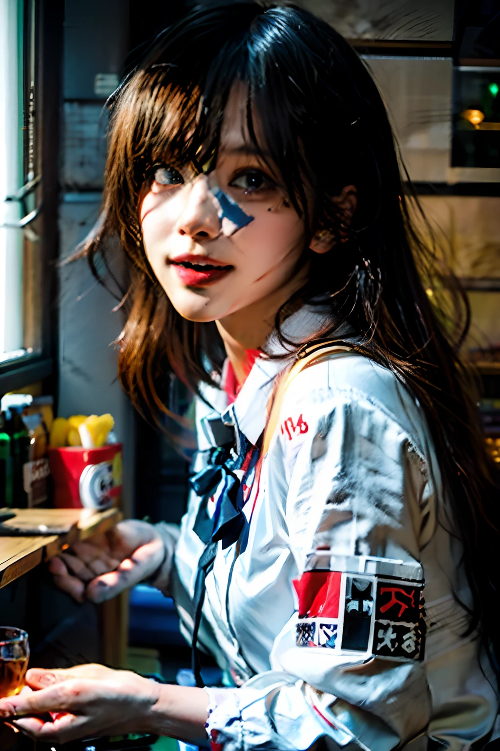 (masterpiece), best quality, ultra high res, close up, slim body, 1girl,school uniform, long hair, laughing, ramen, night, Tokyo restaurant background, colorful lights, photon mapping, radiosity, physically-based rendering, cinematic lighting, intricate, High Detail, Sharp focus, dramatic, photorealistic