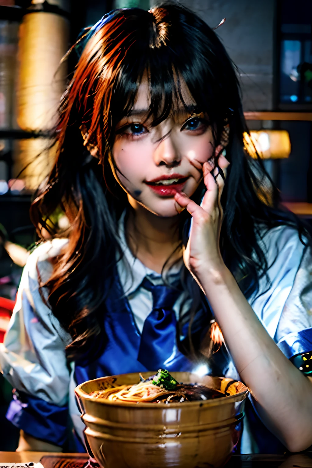 (masterpiece), best quality, ultra high res, close up, slim body, 1girl,school uniform, long hair, laughing, ramen, night, Tokyo restaurant background, colorful lights, photon mapping, radiosity, physically-based rendering, cinematic lighting, intricate, High Detail, Sharp focus, dramatic, photorealistic