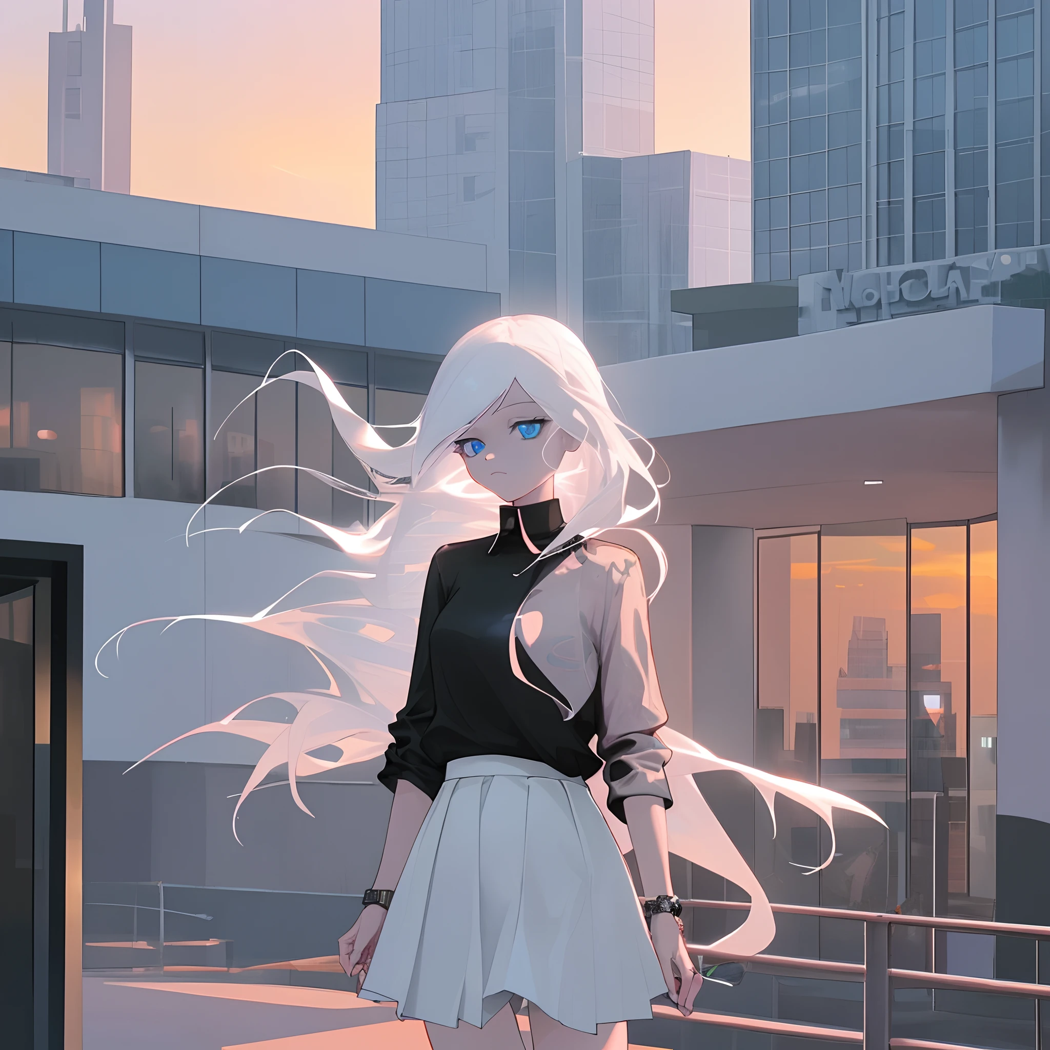 sunset sky, expensive buildings around, 1girl, standing outside the hotel, using her phone too, she has two hands, each hand contains 5 finger, no human in background, blue eyes, white hair, black shirt, white skirt, a expensive rolex watch in her left hand
