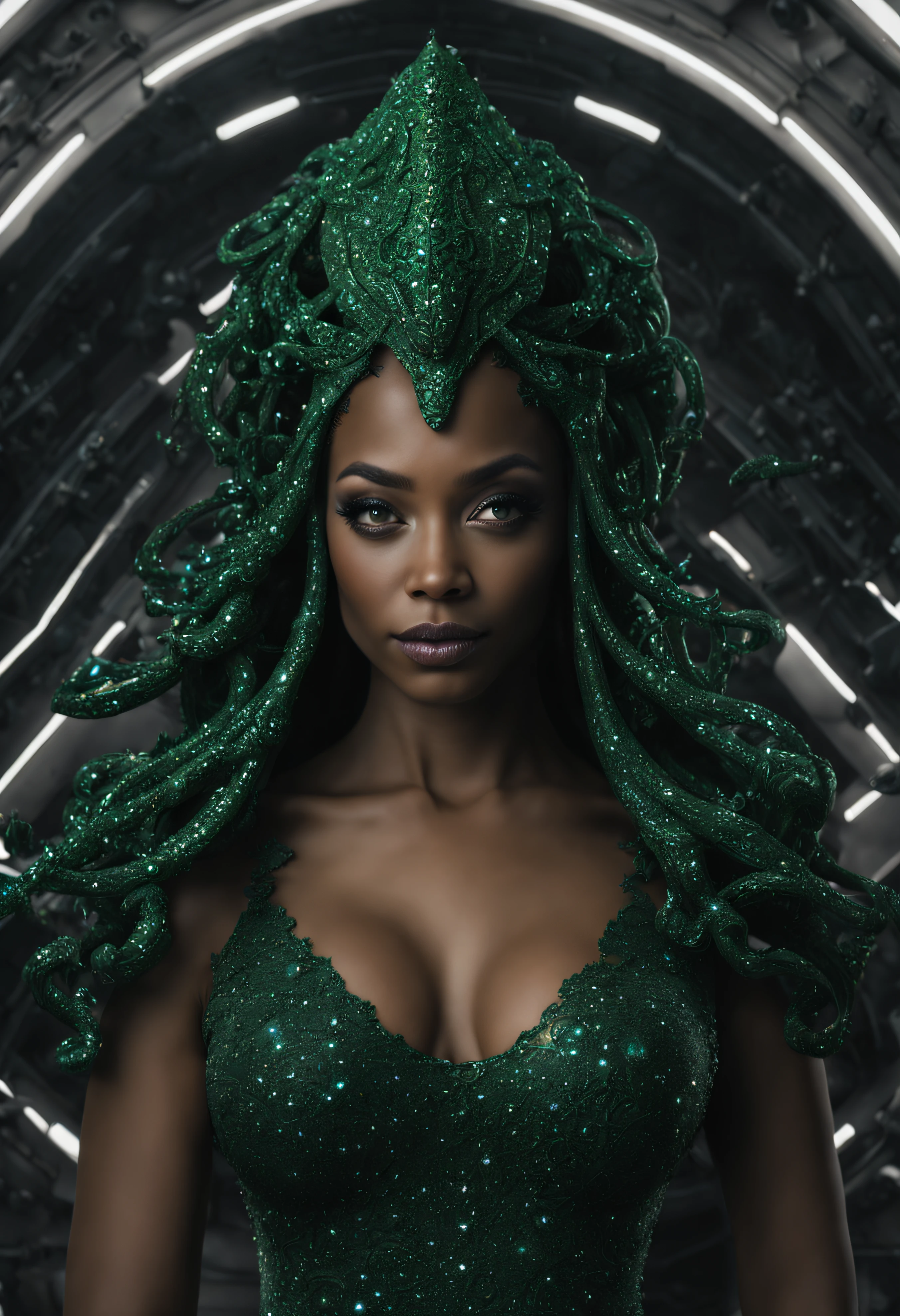 (naytiri de avatar), piel azulada vibrante, pelo negro largo enrizado, considerada como una de las razas mas bellas de la galaxia, con una cara, ojos verdes y labios sensuales, con vestido de noche , con incrustaciones de plata, piedras preciosas y diamantes, (se encuentra en centro de control de estacion espacial). hiperrealista, imagen nitida, 8k. imagen cinematografica., todo lleno de imaginacion,ciencia ficcion y (intrincados detalles de la maquina).imagen fotorrealista,nitidez maxima, calidad 8k.(obra maestra de calidad superior).