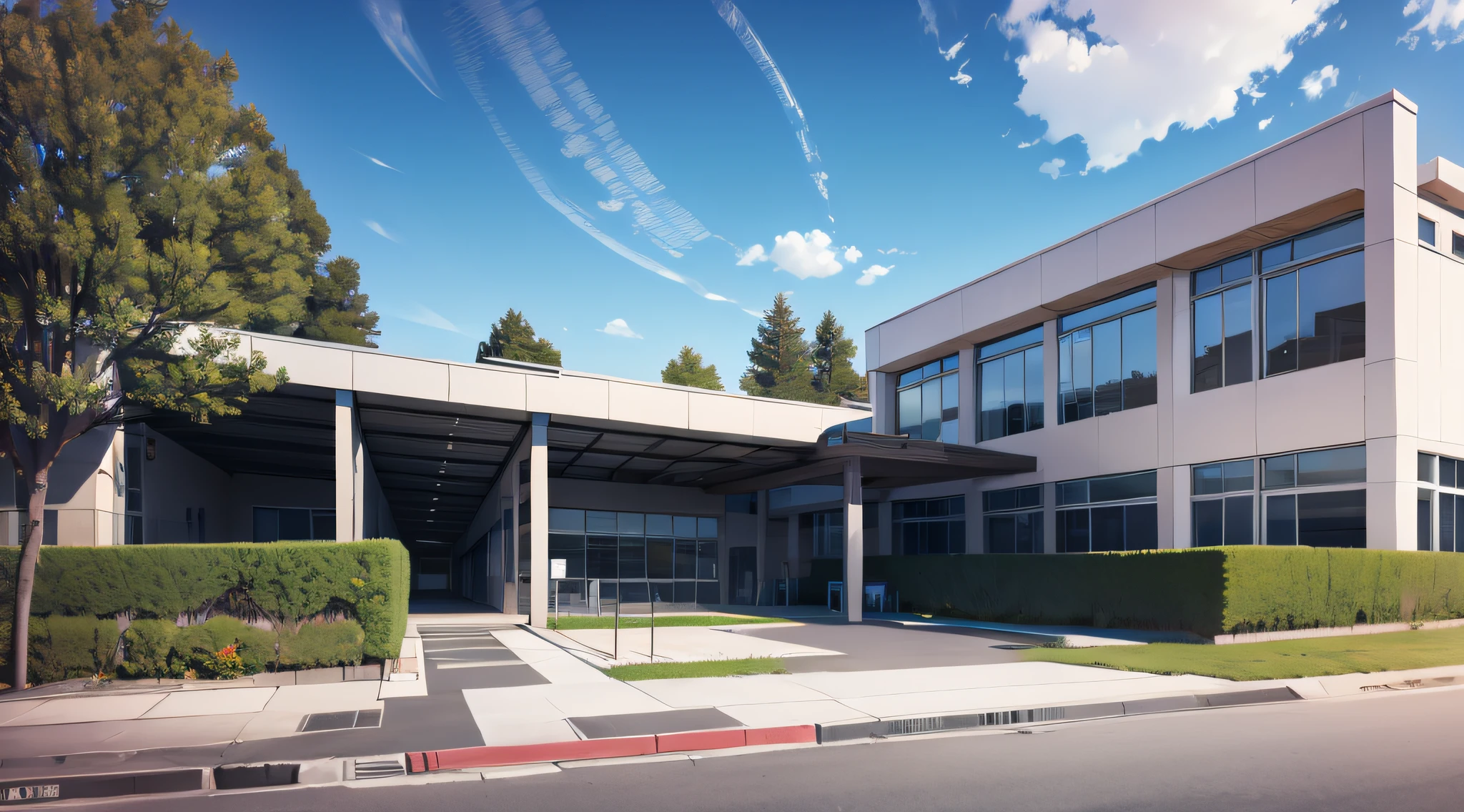 a modern school building with playground roads and trees in front view