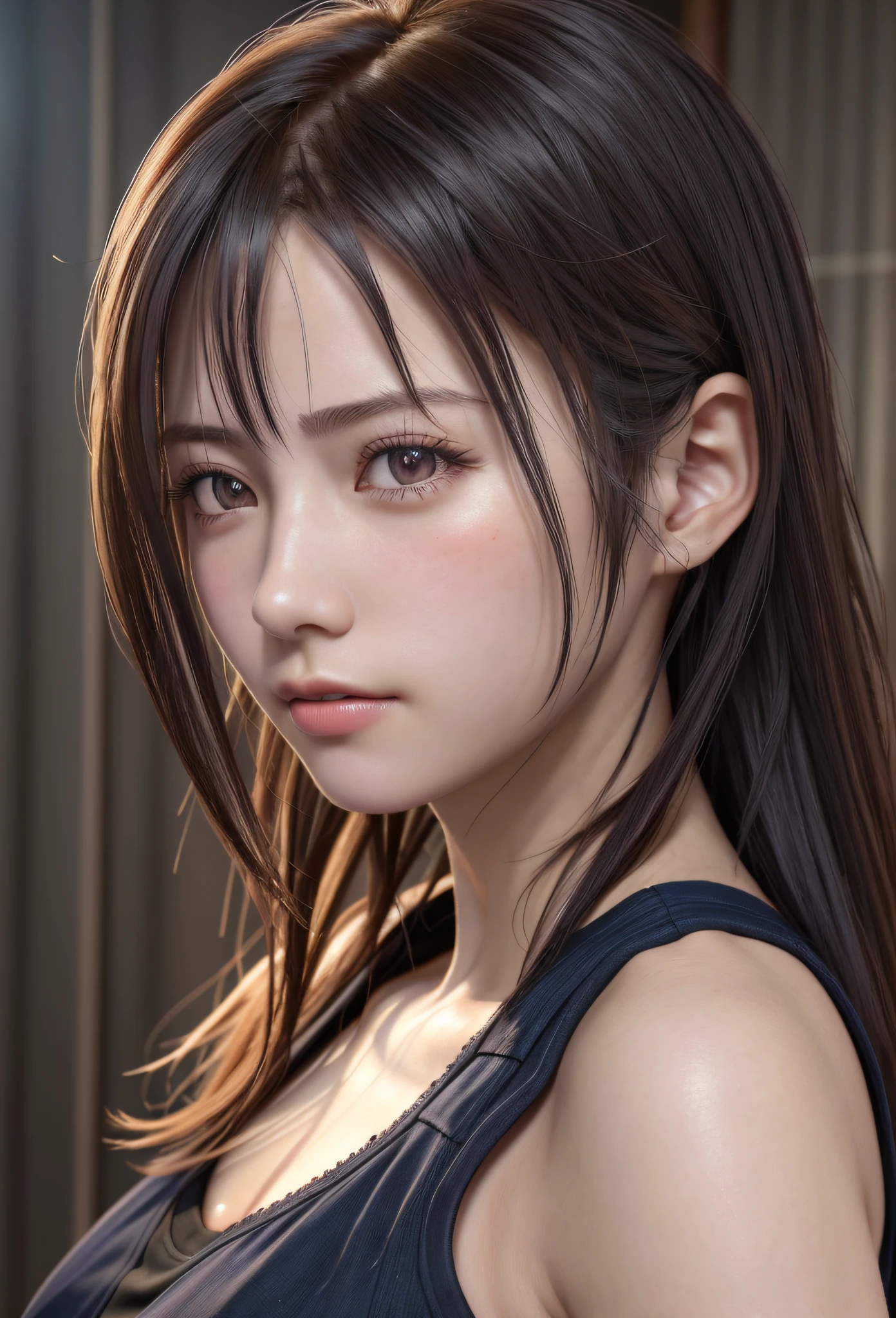 high quality picture, masutepiece, detailed hair texture, Detailed skin texture, Detailed Cloth Texture, 8K, Add fabric details, ultra detailed skin texture, ultra detailed photographic, Skin pores, Portrait of a girl, wearing tank top,