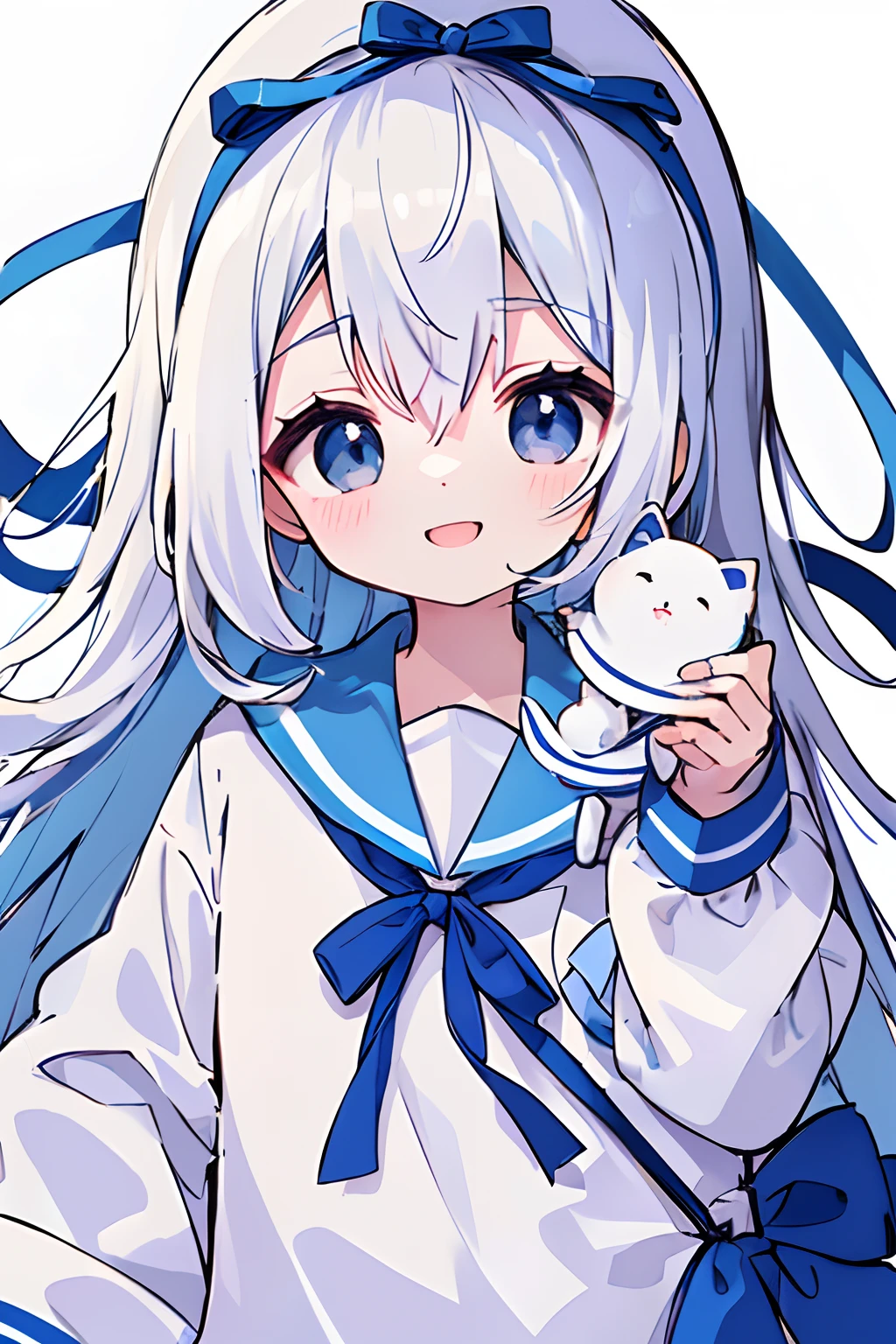 (masutepiece、high-level image quality、8K、Masterpiece、Lori、)((The upper part of the body))Hair white、White hair、Light blue eyes、Delicate eyes、(The eyes must be delicate)、((a sailor suit、Light blue ribbon))cute little、(a smile)mouth is open