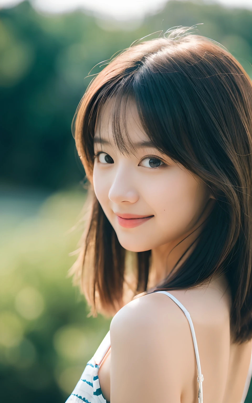 masutepiece, Best Quality, 8K, 20 yo, medium breasts, Raw photo, Professional Photography, Portrait, Soft light, Professional Lighting, Back lighting, Solo, Smile, close up, Cute, Girly, Delicate girl, Neat and clean beauty, Upper body, Looking away, Sophisticated, Film grain, (Eyes and faces with detailed:1.0), Medium length hair swaying in the wind,
