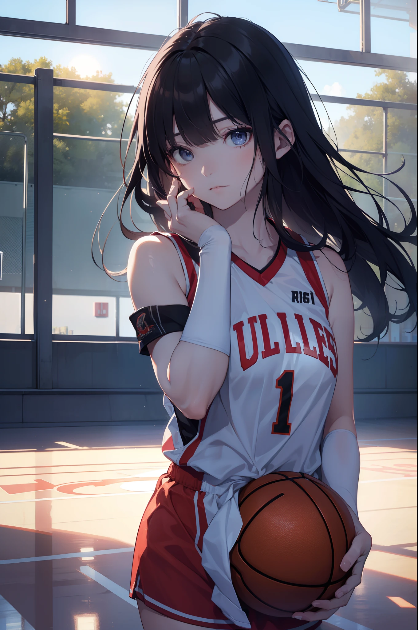 (8k, Best Quality, Masterpiece: 1.2), (Realistic, Photorealistic: 1.37), Super Detailed, Best Quality, Super High Resolution, Professional Lighting, Photon Mapping, Radiosity, Physically Based Rendering, Cinematic Lighting , basketball court, depth of field, focus, sun rays, good composition, (bokeh: 1.2), 1 girl, (whole body), (closed mouth), beautiful eyes, pose, constriction, basketball uniform, black hair , messy hair, long hair blowing in the wind,(ulzzang-6500:1.2) mix4, hiqcgbody