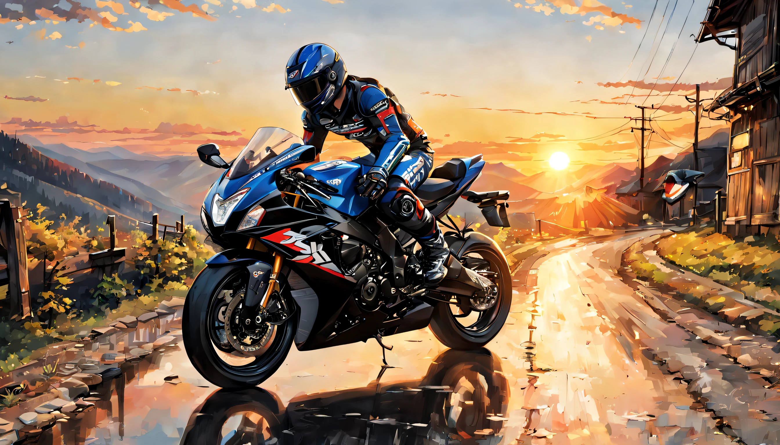 Suzuki GSXR, en montagne, sunset, style manga