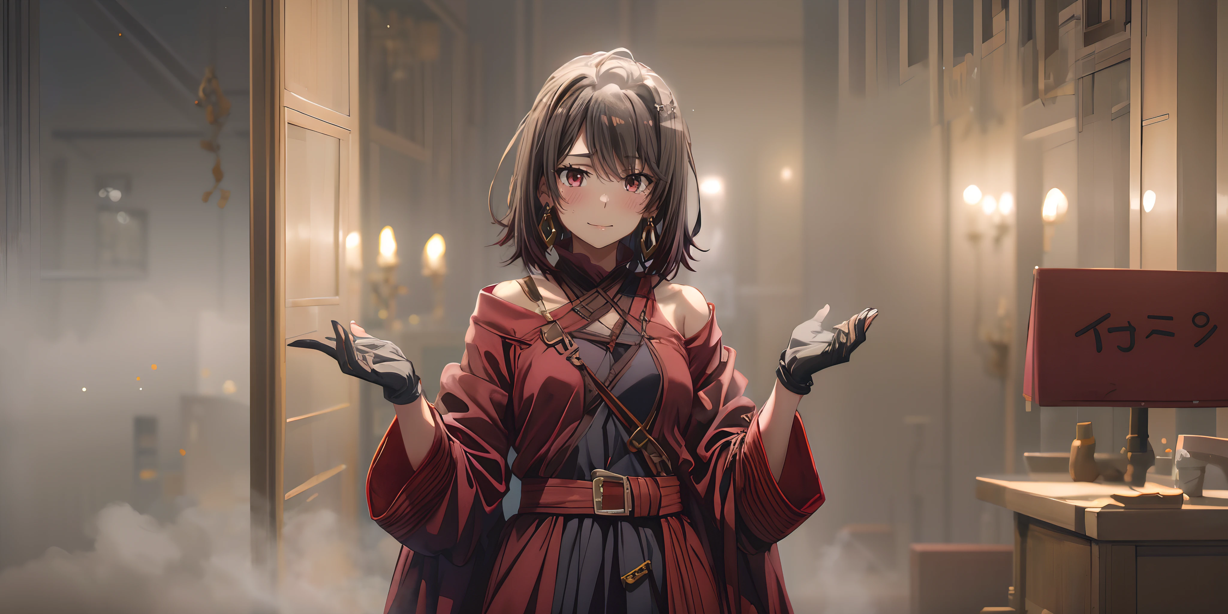 1girl, black hair, short hair, 1girl, gloves, 1girl, red_eyes, breasts, black_gloves, large_breasts, solo, short_hair, bare_shoulders, indoors, dress, looking_at_viewer, belt, earrings, iron_cross, bangs, jewelry, hair_ornament, "Photorealistic, Hyperrealistic, Hyperdetailed, analog style, soft lighting, subsurface scattering, realistic, heavy shadow, masterpiece, best quality, ultra realistic, 8k, golden ratio, Intricate, High Detail, film photography, soft focus", sweating, steaming body, fog, (anime coloring, anime screencap:1.5)