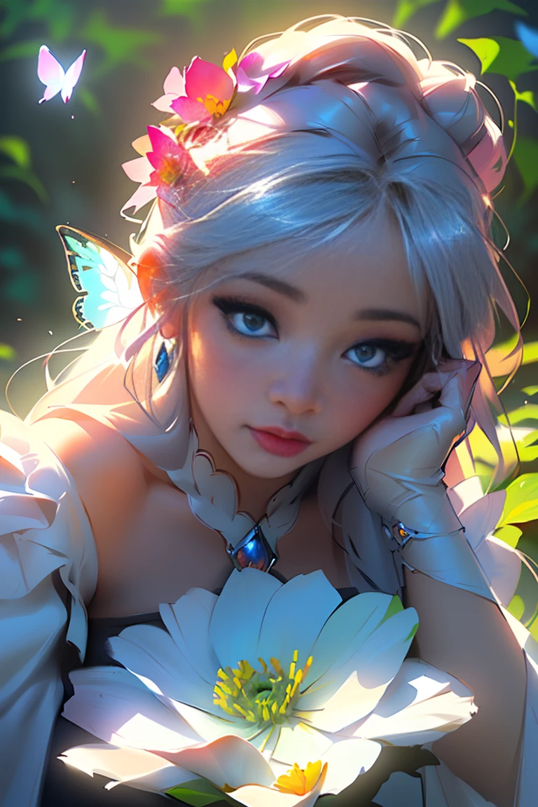The colors in this image are soft and draw inspiration from gentle watercolors and should be primarily pink. Generate a delicate and tranquil flower princess with soft hair dancing in the wind and intricately braided. Her sweet face has puffy, kissable lips and stunning, highly realistic eyes. She has beautiful eyes, hires eyes, 8k eyes, beautiful detail eyes, beautiful detailed eyes, realistically shaded eyes, and realistic eyes in vibrant colors. She is wearing delicately detailed fabric of gossamer silk and satin. Small pink gemstones and cream pearls detail her clothing. She sits in the midst of the most beautiful meadow in the world and is surrounded by beautiful flowers of varying sizes and colors. The background is wild and unruly, with delicate flowers dancing in the wind and creating a dynamic and compelling image. An ornately flowered headdress adorns her head and soft petals fall around her. The flowers are realistic and very detailed and come in different shapes and sizes, some with iridescence and others with varying shades of pink and blue. Include a soft watercolor sky. The background is wild, with delicate flowers dancing in the wind and colorful pollen filling the air. Include realistic hair and skin texture. Include fantasy details, enhanced details, iridescence, colorful glittering wind, and pollen. Pay special attention to her face and make sure it is beautifully and realistically detailed. The image should be dreamy and ethereal. Include intricate fantasy details. 8k, intricate, elegant, highly detailed, majestic, digital photography, art by artgerm and ruan jia and greg rutkowski surreal painting pearl butterfly filigree, flower petals, (masterpiece, finely detailed beautiful eyes: 1.2), hdr, realistic skin texture, ((ornate)), ((intricate)), ((fantasy00d:1.2)), rays of light, (add details), (add more details), (((highly detailed butterflies))), ornate flowers, dew drops, sunlight, rays of sun