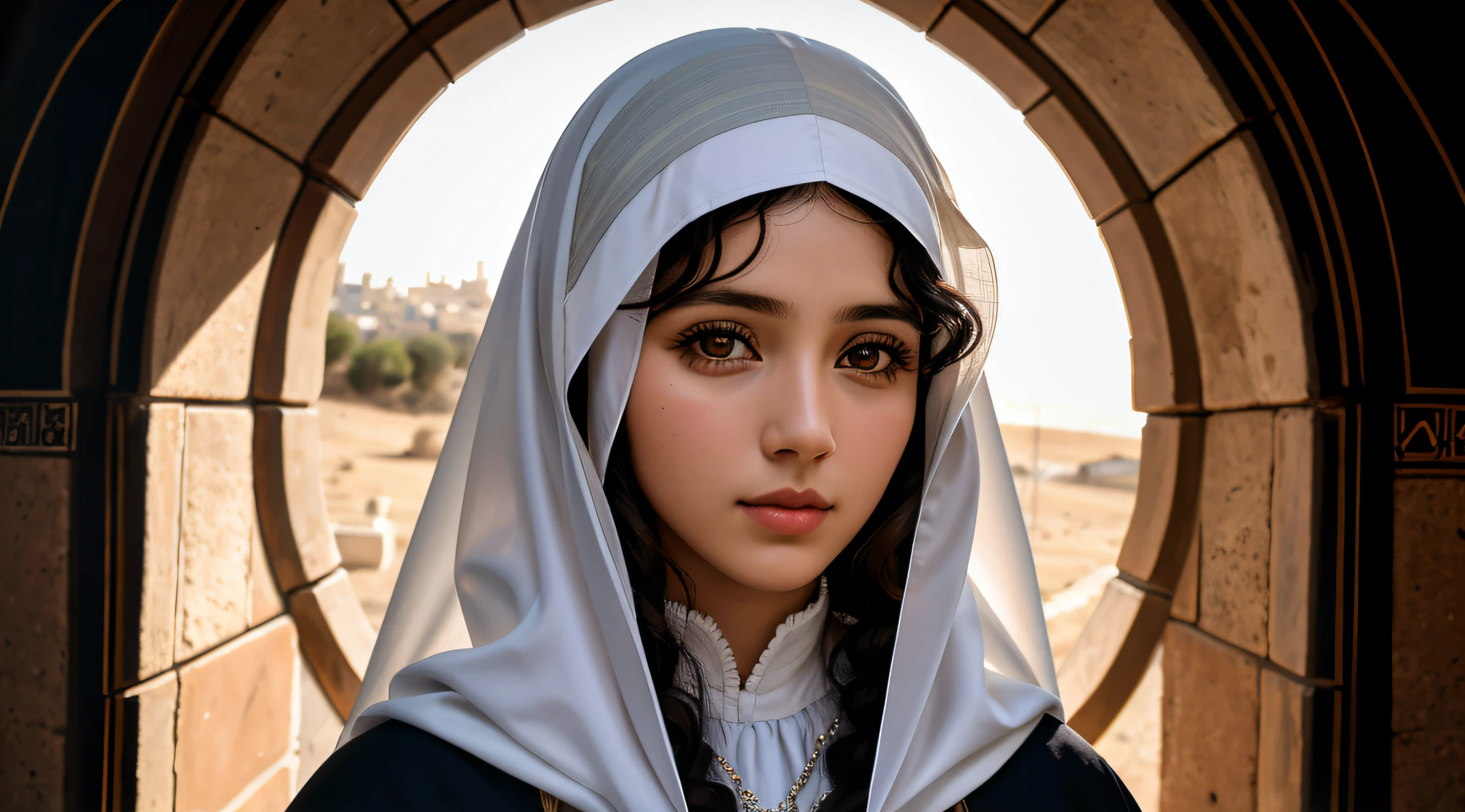A symmetrical portrait of a woman named Maria, mother of Jesus, Palestino, Maria era uma morena, Beautiful woman, tinham olhos grandes, nariz e queixo finos, thick, long lips, curly hair. wearing a tunic and covering her hair, Detalhes altos, fotografia , luz de borda, Nikon D850 | |, 50 millimeters, F/1.4