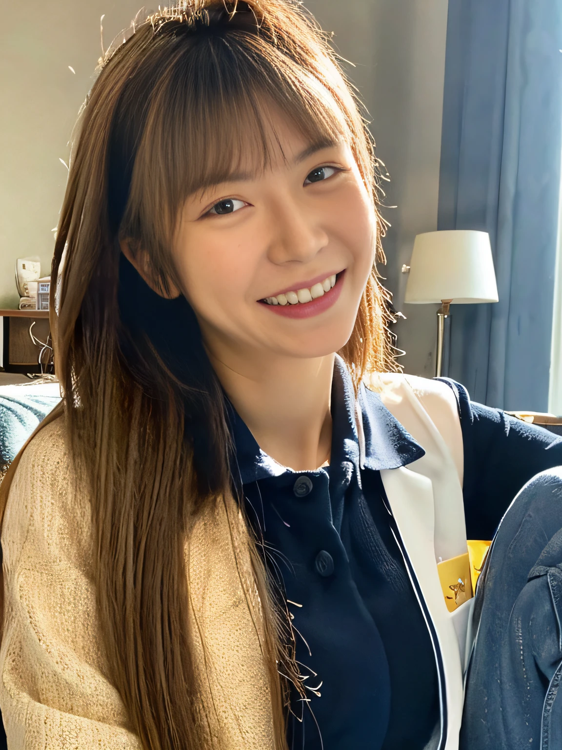 ((masterpiece)), (8k, high_resolution), (distinct_image), (best quality), (sunshine, face on light), (face on light:1.1), (meitantei conan (style), detecive conan (style), meitantei conan), solo, beautiful eyes and detailed face, ((1girl, solo)), medium breasts, wide hip, (abs:0.8), ((school uniform)), (ponytail), (blush, happy, happy smile, laughing),