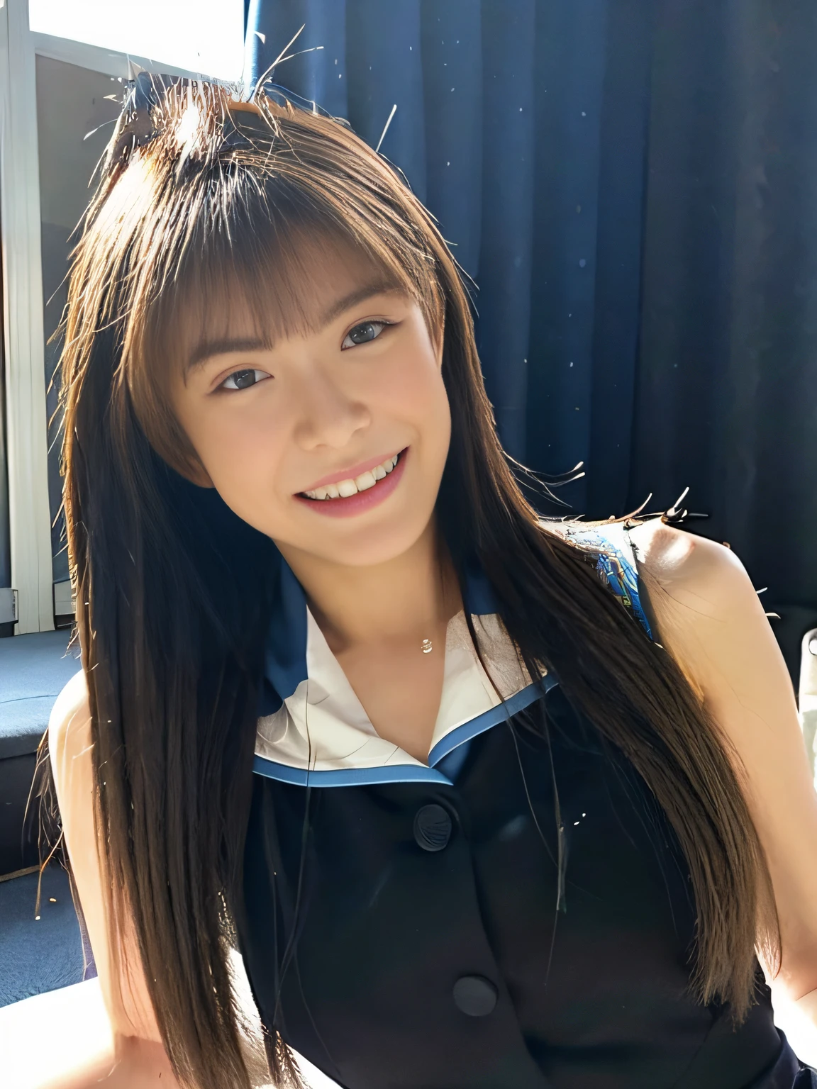 ((masterpiece)), (8k, high_resolution), (distinct_image), (best quality), (sunshine, face on light), (face on light:1.1), (meitantei conan (style), detecive conan (style), meitantei conan), solo, beautiful eyes and detailed face, ((1girl, solo)), medium breasts, wide hip, (abs:0.8), ((school uniform)), (ponytail), (blush, happy, happy smile, laughing),