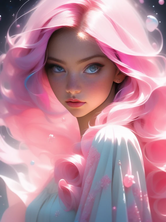 Explore the ethereal beauty of a young woman named Aurora Moonstone, captured in a stunning realistic photograph. Her bubblegum pink hair falls in soft waves, and her eyes sparkle with a mix of random colors, reflecting her ever-changing emotions. She wears an exquisite dress adorned with hyperdetailed paintings inspired by luminism, bringing a sense of magical light and depth to the artwork.