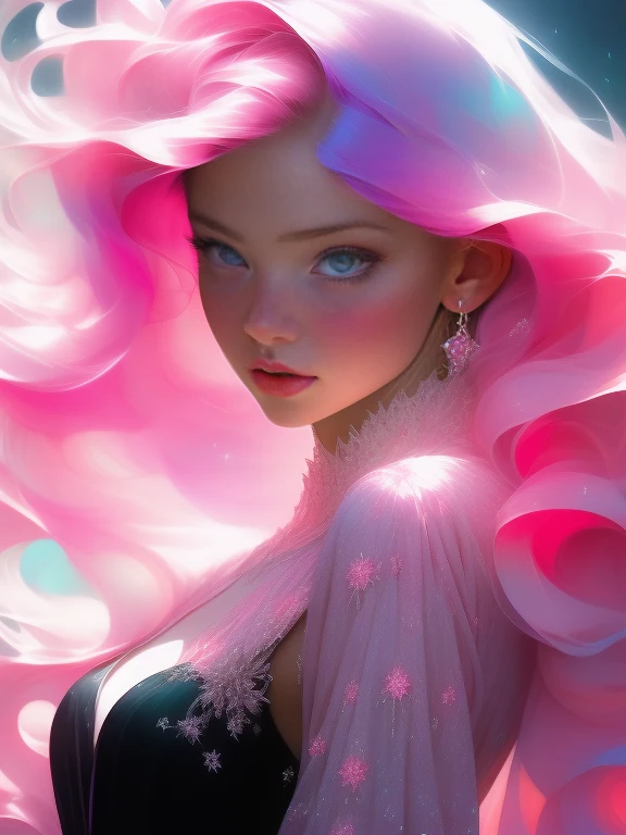 Explore the ethereal beauty of a young woman named Aurora Moonstone, captured in a stunning realistic photograph. Her bubblegum pink hair falls in soft waves, and her eyes sparkle with a mix of random colors, reflecting her ever-changing emotions. She wears an exquisite dress adorned with hyperdetailed paintings inspired by luminism, bringing a sense of magical light and depth to the artwork.