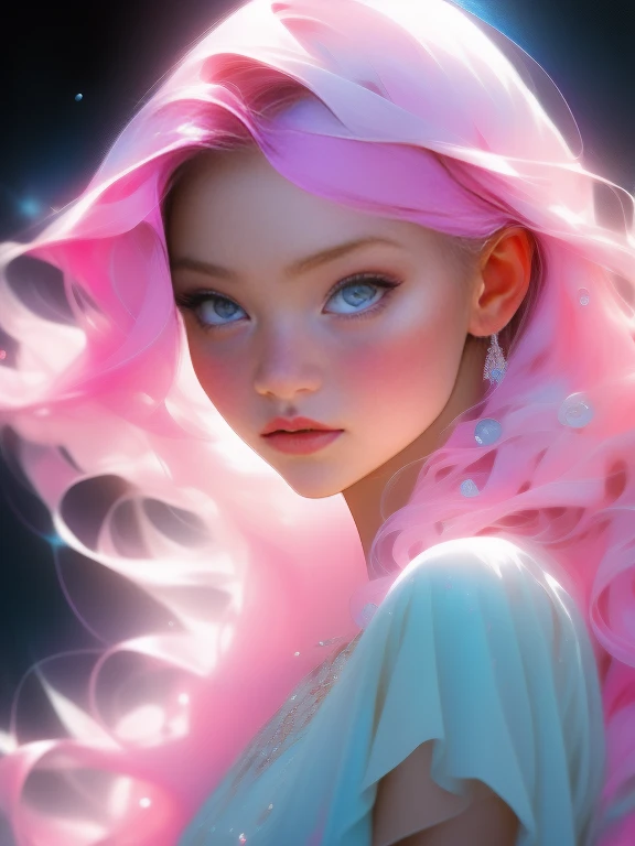 Explore the ethereal beauty of a young woman named Aurora Moonstone, captured in a stunning realistic photograph. Her bubblegum pink hair falls in soft waves, and her eyes sparkle with a mix of random colors, reflecting her ever-changing emotions. She wears an exquisite dress adorned with hyperdetailed paintings inspired by luminism, bringing a sense of magical light and depth to the artwork.