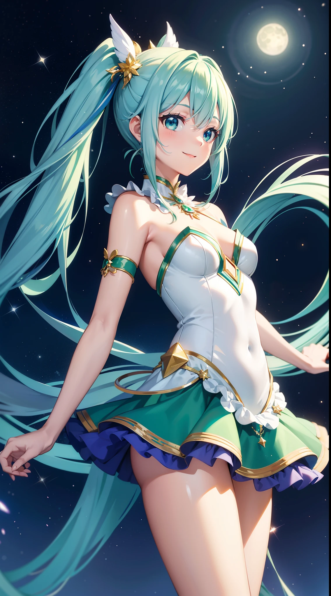 Super Idol a beauty girl Outstanding smile sky blue hair length hair Facing straight ahead Looking at the camera Twin-tailed Glittering white and green ruffled leotard outfit Mystical Fantasia constellation a moon Crystal Brilliance Aurora Borealis in the Night Sky