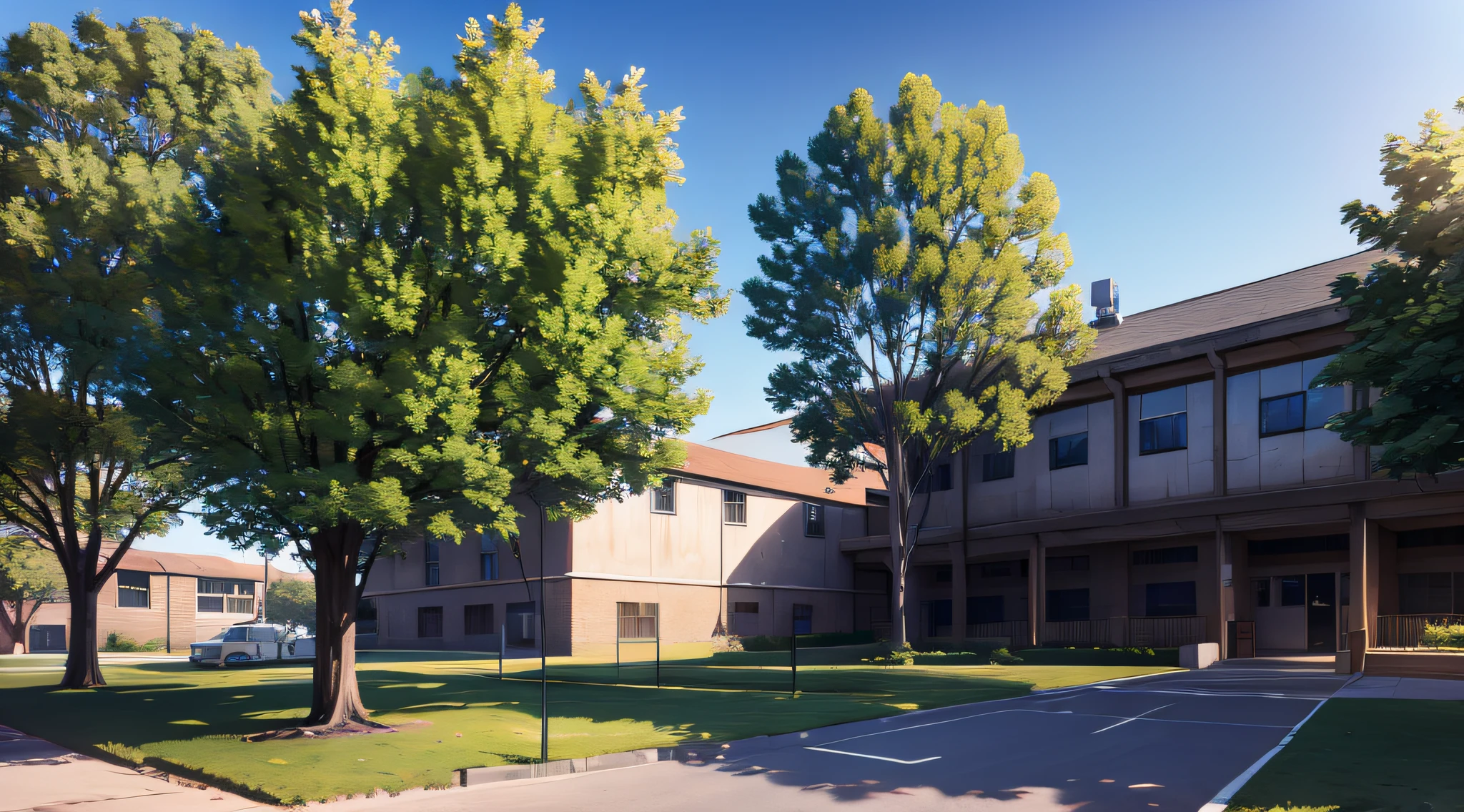 a school building with playground and trees in front view