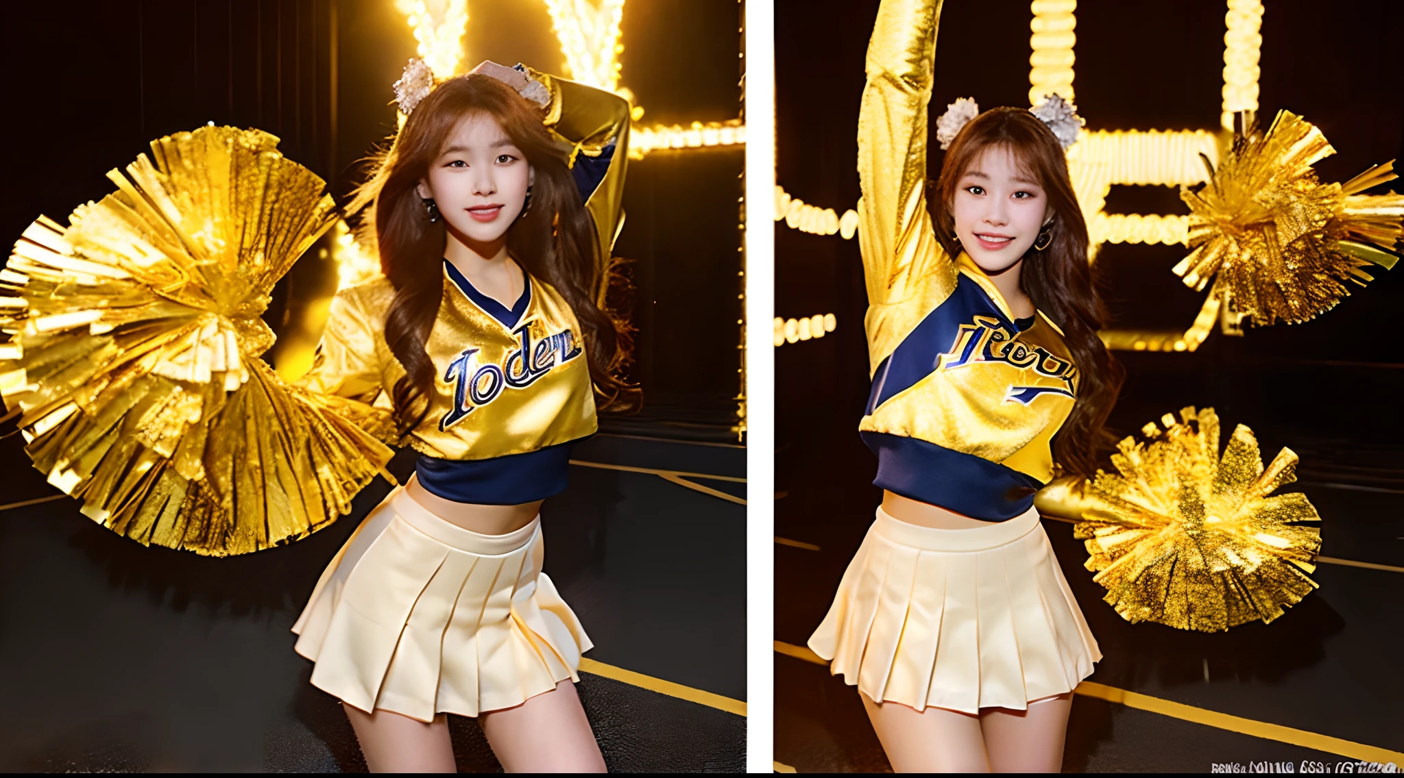 18-year-old cheerleader in a golden miniskirt