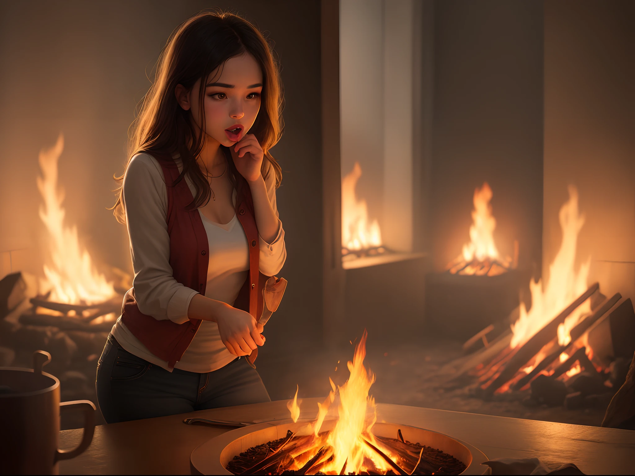 A beautiful girl sticking out her tongue and holding it in her hand on the fire of a lighter、dark ambiance、realistic