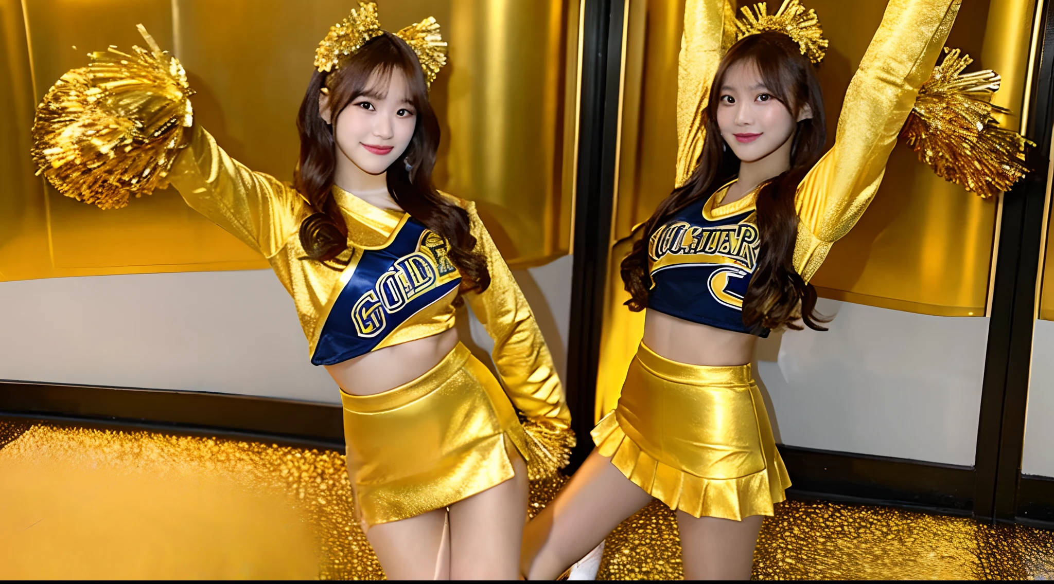 18-year-old cheerleader in a golden miniskirt