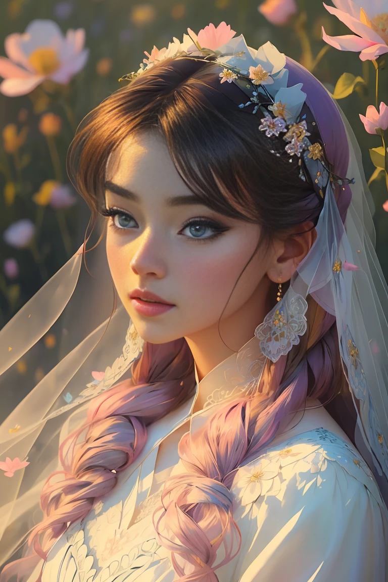 The colors in this image are soft and draw inspiration from gentle watercolors and should be primarily pink. Generate a delicate and tranquil flower princess with soft hair dancing in the wind and intricately braided. Her sweet face has puffy, kissable lips and stunning, highly realistic eyes. She has beautiful eyes, hires eyes, 8k eyes, beautiful detail eyes, beautiful detailed eyes, realistically shaded eyes, and realistic eyes in vibrant colors. She is wearing delicately detailed fabric of gossamer silk and satin. Small pink gemstones and cream pearls detail her clothing. She sits in the midst of the most beautiful meadow in the world and is surrounded by beautiful flowers of varying sizes and colors. The background is wild and unruly, with delicate flowers dancing in the wind and creating a dynamic and compelling image. An ornately flowered headdress adorns her head and soft petals fall around her. The flowers are realistic and very detailed and come in different shapes and sizes, some with iridescence and others with varying shades of pink and blue. Include a soft watercolor sky. The background is wild, with delicate flowers dancing in the wind and colorful pollen filling the air. Include realistic hair and skin texture. Include fantasy details, enhanced details, iridescence, colorful glittering wind, and pollen. Pay special attention to her face and make sure it is beautifully and realistically detailed. The image should be dreamy and ethereal. Include intricate fantasy details. 8k, intricate, elegant, highly detailed, majestic, digital photography, art by artgerm and ruan jia and greg rutkowski surreal painting pearl butterfly filigree, flower petals, (masterpiece, finely detailed beautiful eyes: 1.2), hdr, realistic skin texture, ((ornate)), ((intricate)), ((fantasy00d:1.2)), rays of light, (add details), (add more details), highly detailed, ornate flowers, dew drops, sunlight, rays of sun