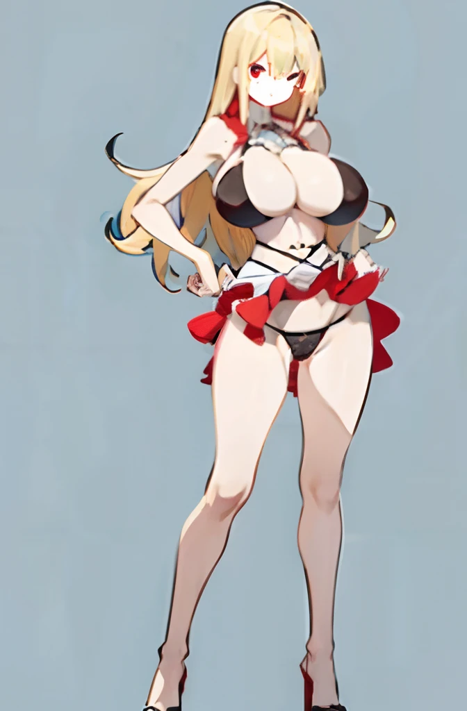 blonde hair, red eyes, bikini, Pale-bodied;, Hands on waist, massive breasts, Full body