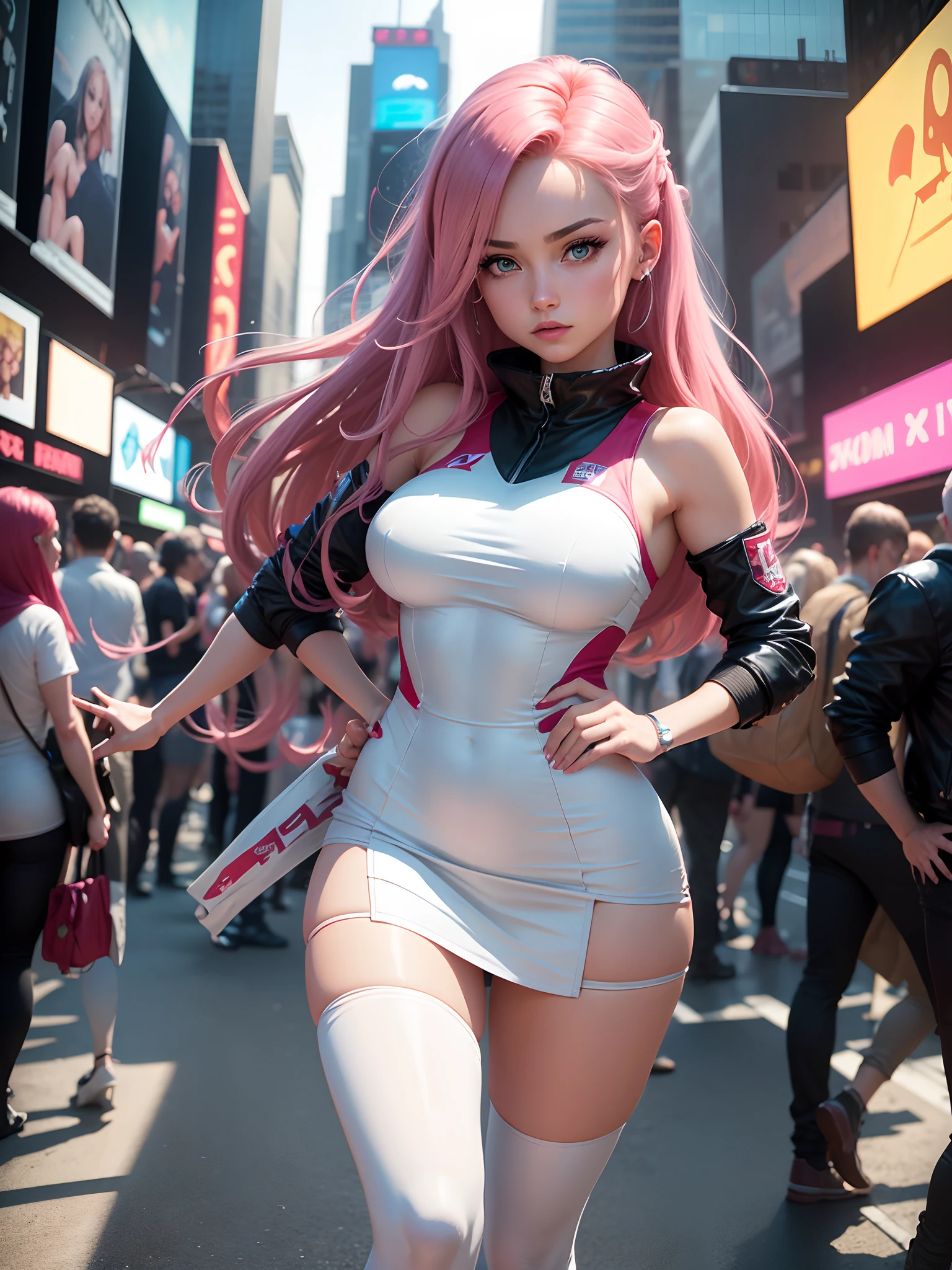 In New York, time square, a beautiful woman, 25 years old, Jessie from the Team Rocket Pokémon anime, more specifically part of the Pokémon anime, usually trying to steal Ash's pikachu. She is typically portrayed as feminine, with large blue eyes, long dark pink hair, a Team Rocket uniform consisting of a short white dress with a large letter (R) on the chest, and tall white boots. She also wears white gloves and a red band on her left arm. In New York, (just a girl: 1.4), (athletic body: 1.4), (hanging breasts: 1.3), (full breasts: 1.10), (realism: 1.5), (Realisitc: 1.4), (Absurdity: 1.4) , 8k, ultra-detailed, Detailed beautiful woman, a young girl, (Viewer facing: 1.2),
