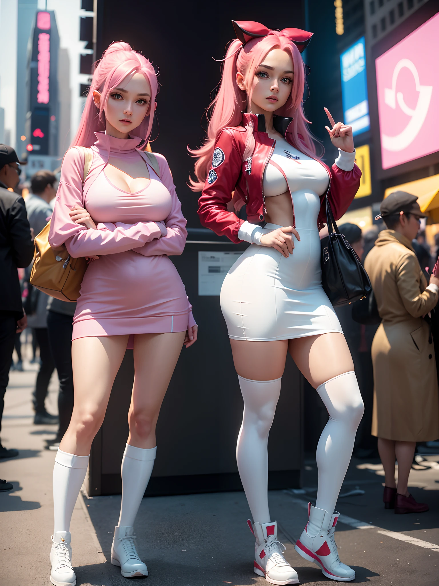 In New York, time square, a beautiful woman, 25 years old, Jessie from the Team Rocket Pokémon anime, more specifically part of the Pokémon anime, usually trying to steal Ash's pikachu. She is typically portrayed as feminine, with large blue eyes, long dark pink hair, a Team Rocket uniform consisting of a short white dress with a large R symbol on the chest, and tall white boots. She also wears white gloves and a red band on her left arm. In New York, (just a girl: 1.4), (athletic body: 1.4), (hanging breasts: 1.3), (full breasts: 1.10), (realism: 1.5), (Realisitc: 1.4), (Absurdity: 1.4) , 8k, ultra-detailed, Detailed beautiful woman, a young girl, (Viewer facing: 1.2),