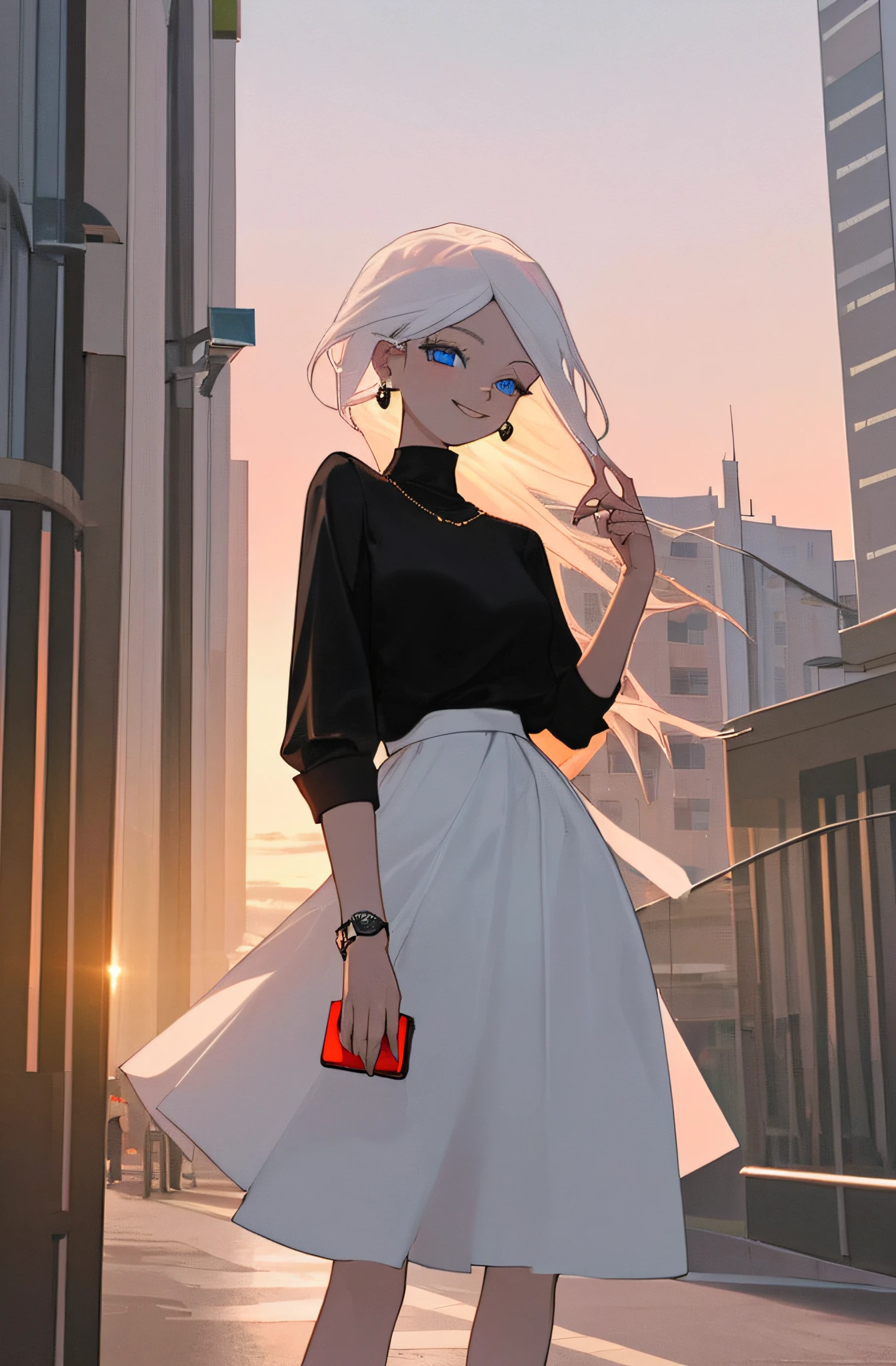 sunset sky, expensive buildings around, 1girl, standing outside the hotel, using her phone too, she has two hands, each hand contains 5 finger, no human in background, blue eyes, white hair, black shirt, white skirt, a expensive rolex watch in her left hand, cute smile on face, perfect looks , in one hand she is holding smart phone , in second hand she is holding a rose