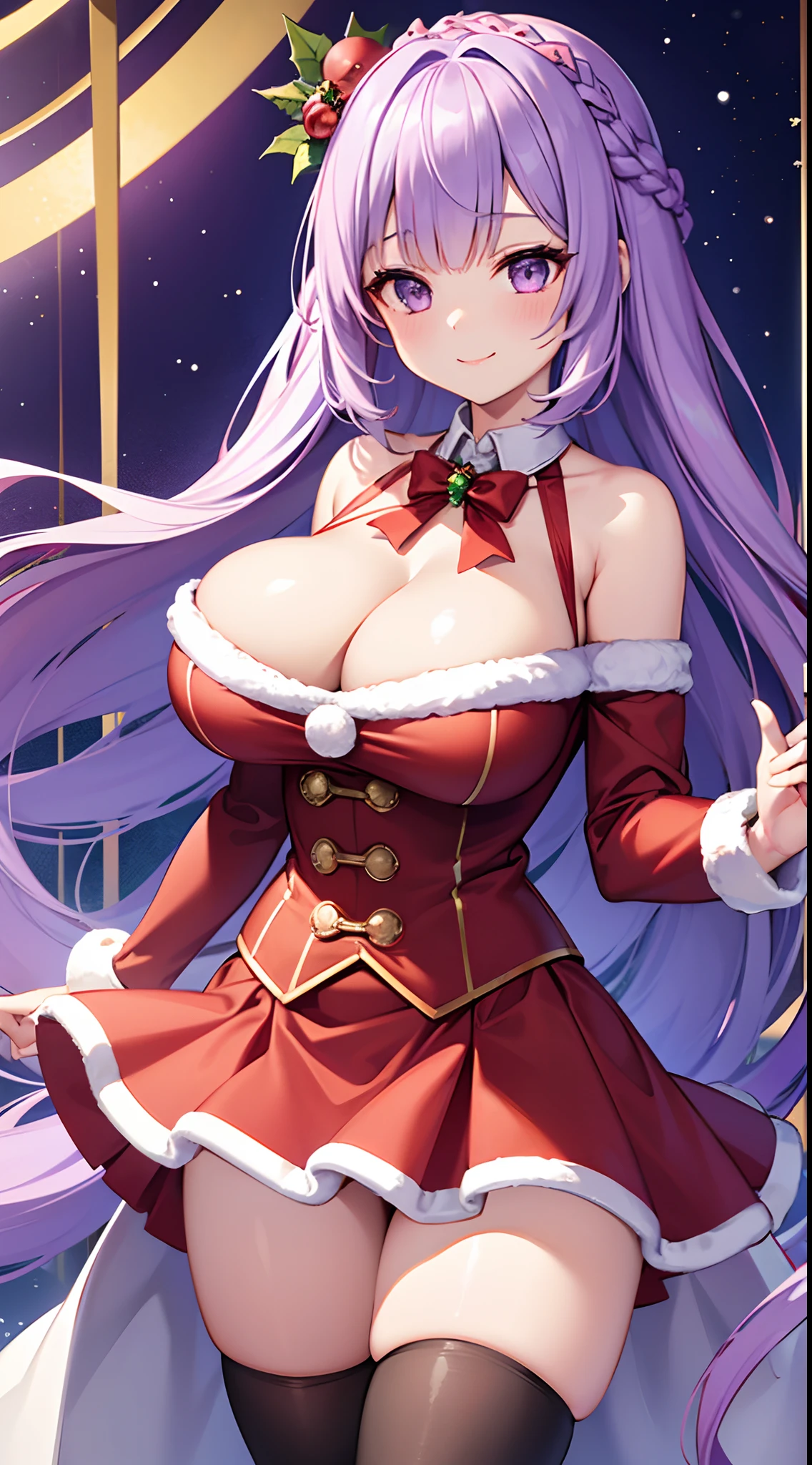 1 girl, game CG, mini Santa Claus clothes, short skirt, cleavage visible, Christmas hair ornament, gigantic breasts, light purple hair, long hair, french braid, purple eyes, Christmas background, smile, dynamic,