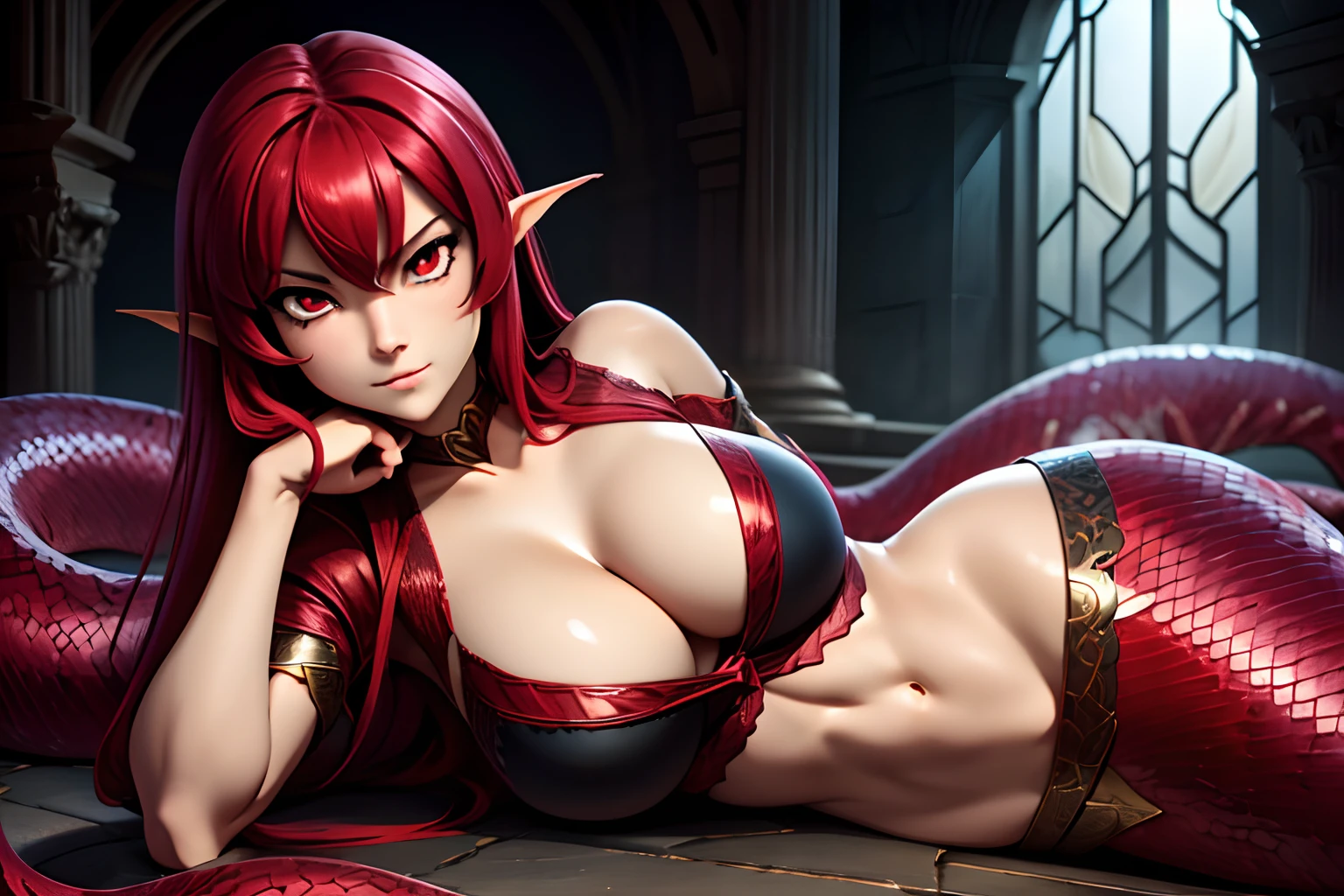 Lamia Girl, Snake Girl, Instead of legs, a red snake's tail, Red long hair, Tomboy's White Short Hair, Beautiful cute face, Innocent, Charming, sexy facial expression, Facing the camera, Milky white snakeskin, Skin color-white, Body glare, ((pretty eyes)), red-eyes, ((Perfect Sexy Figure)), Ideal body shapes, big thighs, ((Subtle and beautiful)), sexually seductive lying position, ((Sexy Fantasy Clothes Lamia, sexy cleavage)), background: Ancient Night City, Depth of field, ((ultra quality)), ((tmasterpiece)), clear image, crisp details, Realistic, Professional Photo Session, Clear Focus, the anime, Colorfully drawn, NSFW