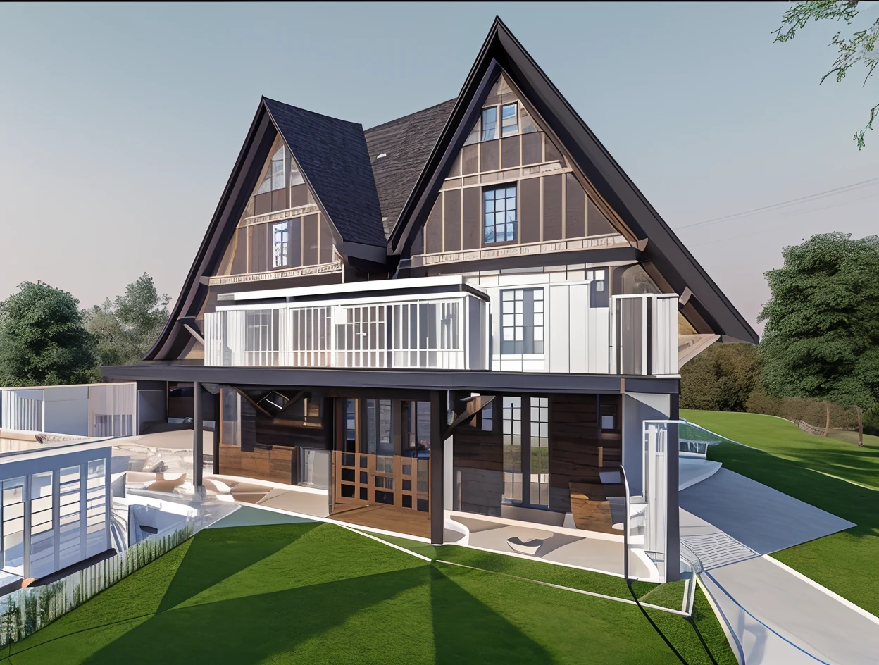 A rendering of a house with a roof and a balcony, Rendu architectural, Rendu architectural, croquis - haut, View of the front elevation, A digital rendering, Rendu architectural 3D, 3 - D Rendu, Conception architecturale globale, Rendu 3D!, Rendu 3D!, architectural drawing, Concepts architecturaux, Front elevation, Vue frontale, Rendered 3D model, Concept architectural