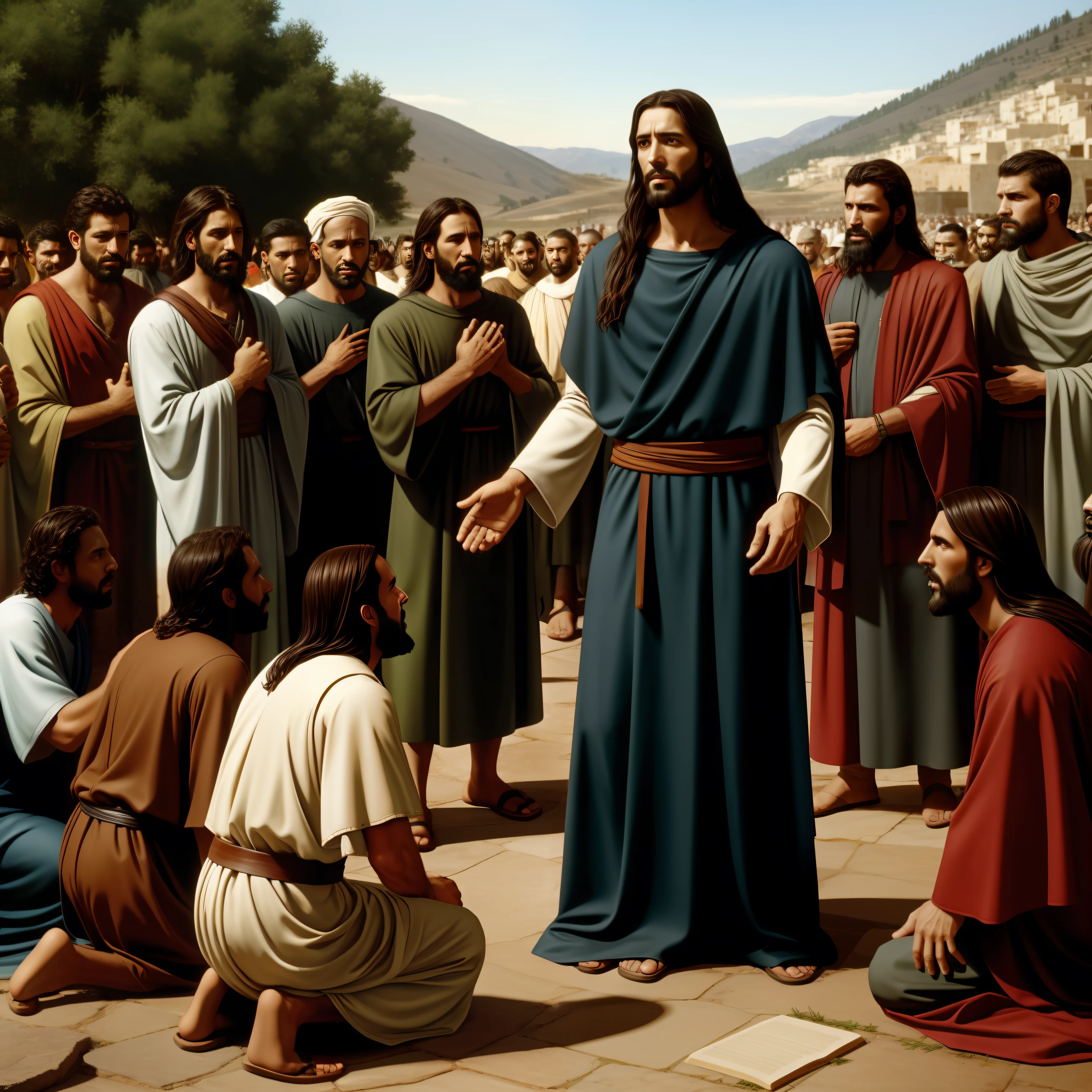Jesus of Nazareth speaking parables to his disciples in the square