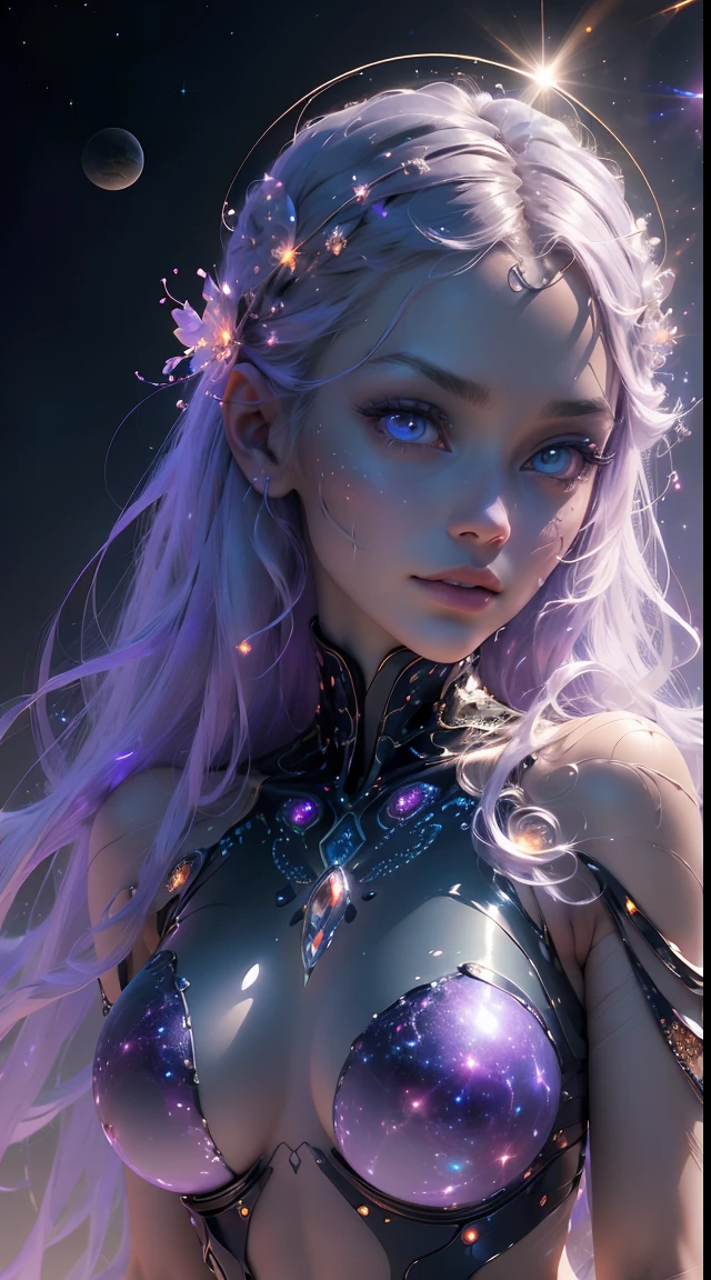 (Best quality,Ultra-detailed,Realistic:1.37), Extraterrestrial life forms, Glowing ethereal eyes, Intricate alien characteristics,[(((Glassy transparent skin alien)))+purpleish color], Vibrant colors, celestial background, Cosmic atmosphere, mystical aura, otherworldly presence, Starry sky, Radiant celestial bodies, Interstellar beauty, Mesmerizing light patterns, Surrealist composition, Otherworldly brilliance.