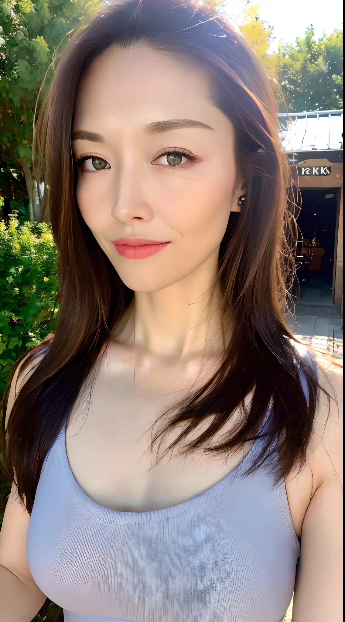 ((Best quality, 8k, Masterpiece :1.3)), Sharp focus :1.2, A pretty woman with perfect figure :1.4, Slender abs :1.2, ((Dark brown hair, Big breasts :1.2)), (Natural light, City street:1.1), Highly detailed face and skin texture, Detailed eyes, Double eyelid