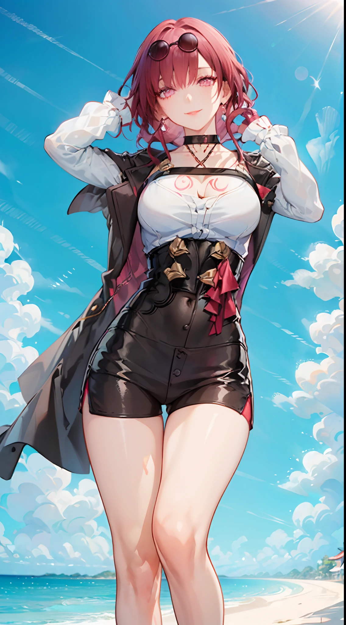 KafkaHKS,manga cover style,Manga Title,Undressed body, perfect body figure,slender fit body,Cropped shoulders,tits huge,All nude,perfect body figure,fleshy thighs,Below the waist are mesh stockings,Masterpiece,highly detailed faces,Deep Rendering