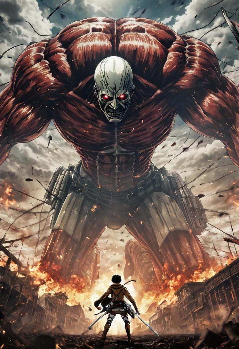 A photorealistic portrait of the Attack on Titan anime ending, featuring shinigami Light yagami in his Titan form battling the colossal Titan. Light yagami as a titan, The portrait captures every detail of the scene, from the expressions on the characters' faces to the smoke and fire in the background. (masterpiece:1.2) (illustration:1.2) (best quality) (detailed) (intricate) (8k) (HDR) (wallpaper) (cinematic lighting) (sharp focus)