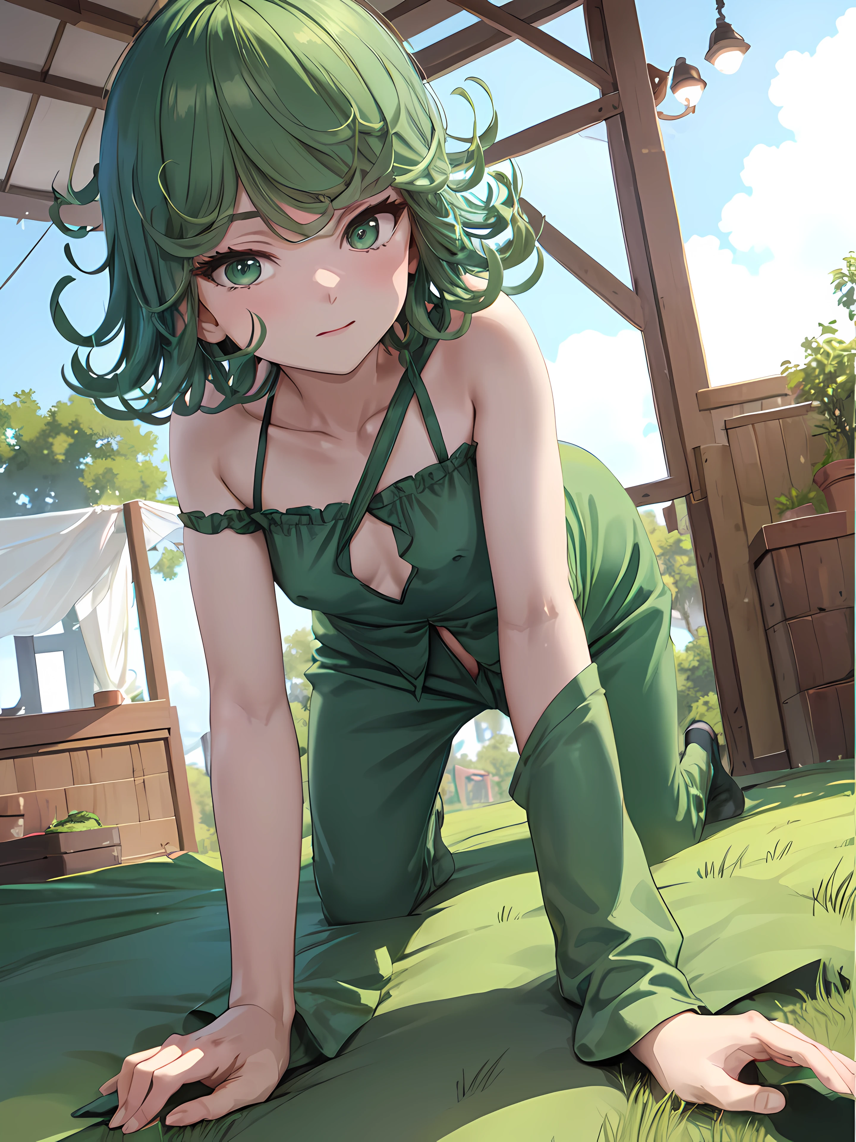 (tatsumaki: 1.7) tatsumaki, Beautiful fece, masterpiece, ighly detailed, top-quality, The best lighting, best shade, face perfect, bright green eyes, short green hair, Tight dark green pajamas, nabel, hairarmpits, Lying in a hammock watching the audience, tiny chest, The Flash, slimy, Sloppy look, on all fours, fluffy,