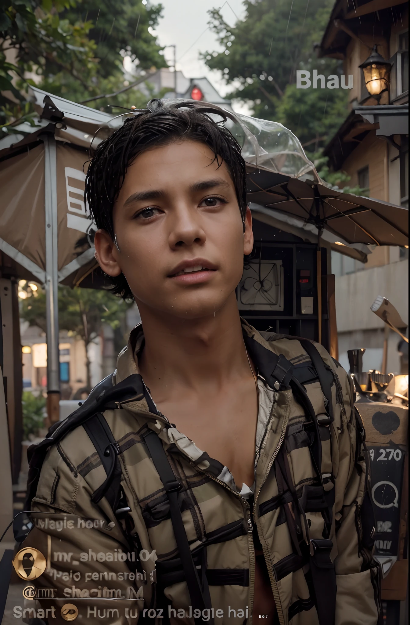 1boy, Jacket, Rain, plein air, Sweatshirt, Open jacket, chain, backpack, Looking At Other, Hair splits in the middle, Tanned skin, Sex of boys, boy focus, Trending in art stations, 8K resolution, Highly detailed, Anatomically correct, Sharp Image, Digital Painting, Concept art, Pixiv Trends, Shinkai Makoto style,