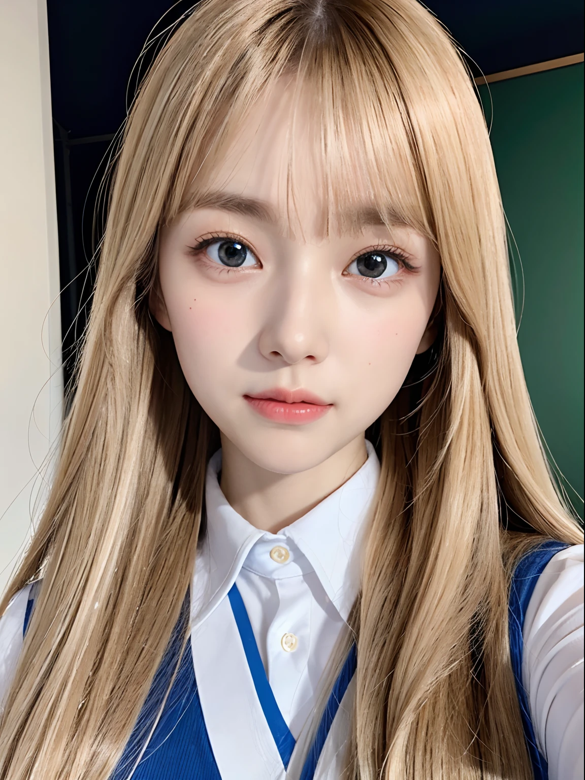bright expression、photorealisim、top-quality、超A high resolution、a picture、Photos of the most beautiful Nordic girls、Detailed cute and beautiful face、a small face、(pureerosface_v1:0.008)、Beautiful bangs、alice in the wonderland、18year old、Glowing white shiny skin、Hair tangled in the face、Bangs that extend to the face、bangss、Hair between the eyes、Super long hair、Attractive bright natural platinum blonde super long straight silky hair、finer hair、Attractive glowing beautiful bright clear light blue big eyes、School Uniforms、student clothes、eye liner、Double eyelids、ample breasts