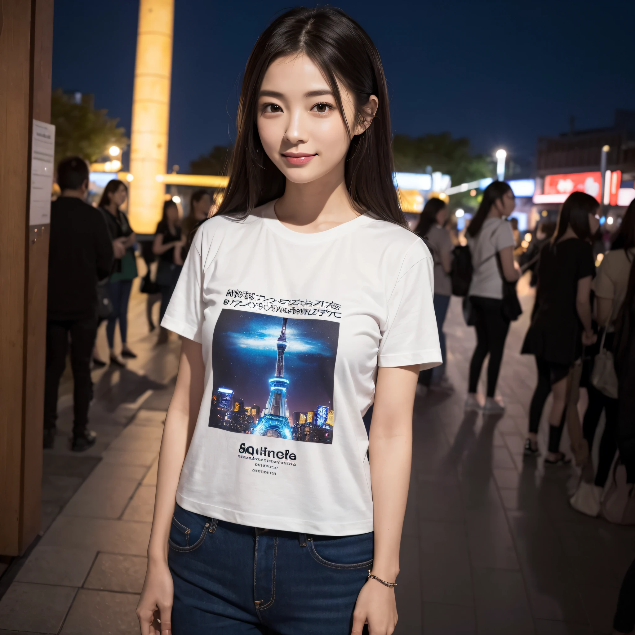 One lady、((best qualtiy、8k masterpieces:1.3))、foco nítido:1.2、(ultra beautiful faces:1.0)、(shinny skin:1.0)、photos realistic、A dark-haired、Video Lighting、High-definition eyes and face、Video Lighting、Japanese cute actress)、from the front side、medium breasts、Smile、Slender Abs Beauty、Whole body、wearing t-shirts、At the Sky Tree at Night