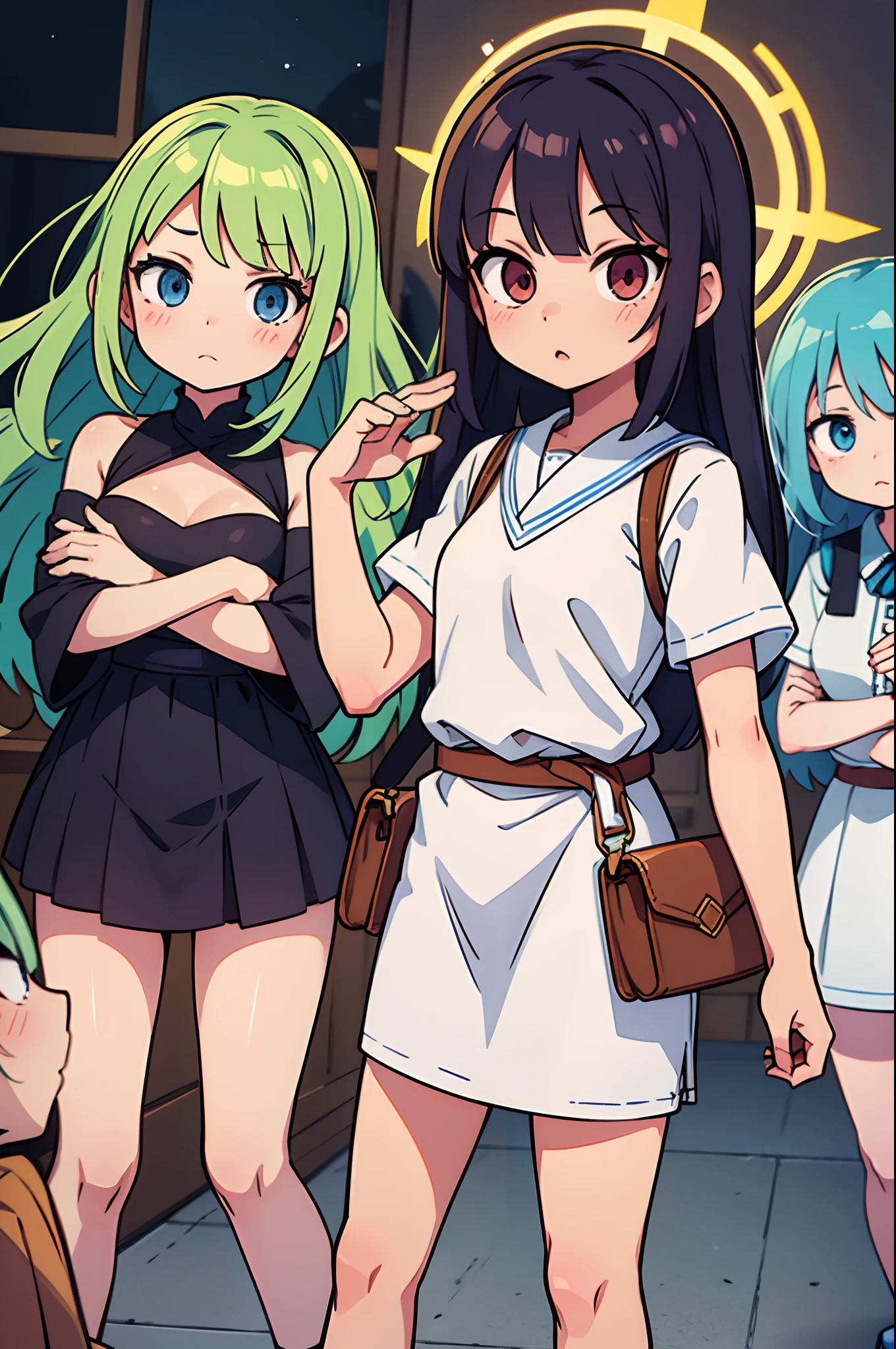 ((4 mulheres, de diferentes tamanhos,((bare breasts,seios pequenos,buceta nua,((cabelos brancos muito longos, olhos vermelhos, Hopeless face)),((Standing, 1 arm behind the back)),Em uma floresta assombrada, at night,