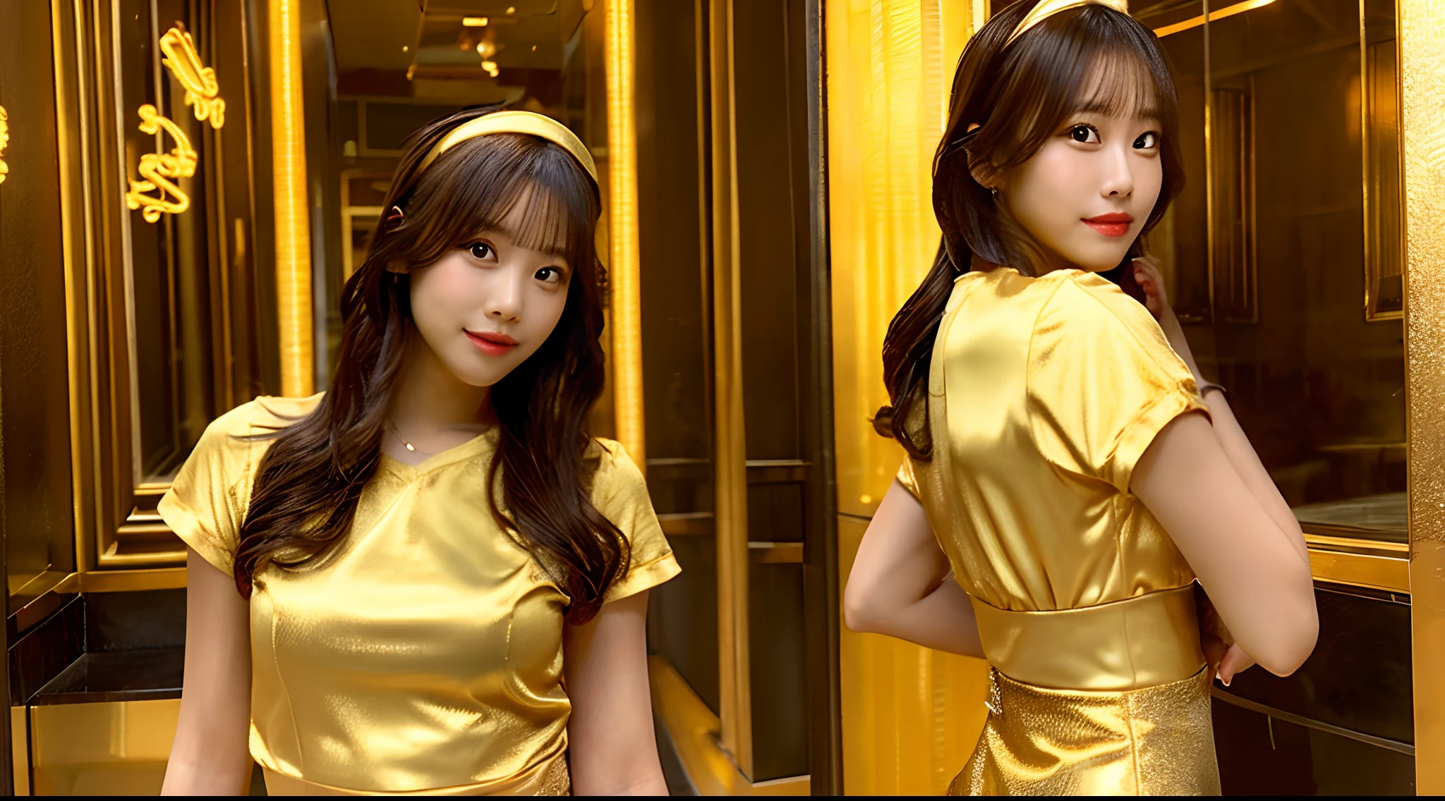 Waitress in a golden miniskirt