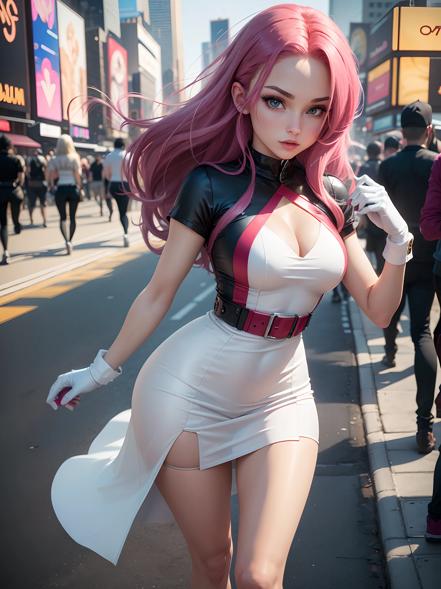 In New York, Time Square, a beautiful woman, 25 years old, style, Jessie is a member of Team Rocket, more specifically part of the Pokémon anime, usually trying to steal Ash's Pikachu. She is typically portrayed as feminine, with large blue eyes, long dark pink hair, a Team Rocket uniform consisting of a short white dress with a large R symbol on the chest, and tall white boots. She also wears white gloves and a red band on her left arm. In New York, (Just a girl: 1.4), (athletic body: 1.4), (hanging breasts: 1.3), (full breasts: 1.10), (realism: 1.5), (Realisitc: 1.4), (Absurdity: 1.4) , 8k, ultra-detailed, Detailed beautiful woman, a young girl, (Viewer facing: 1.2),