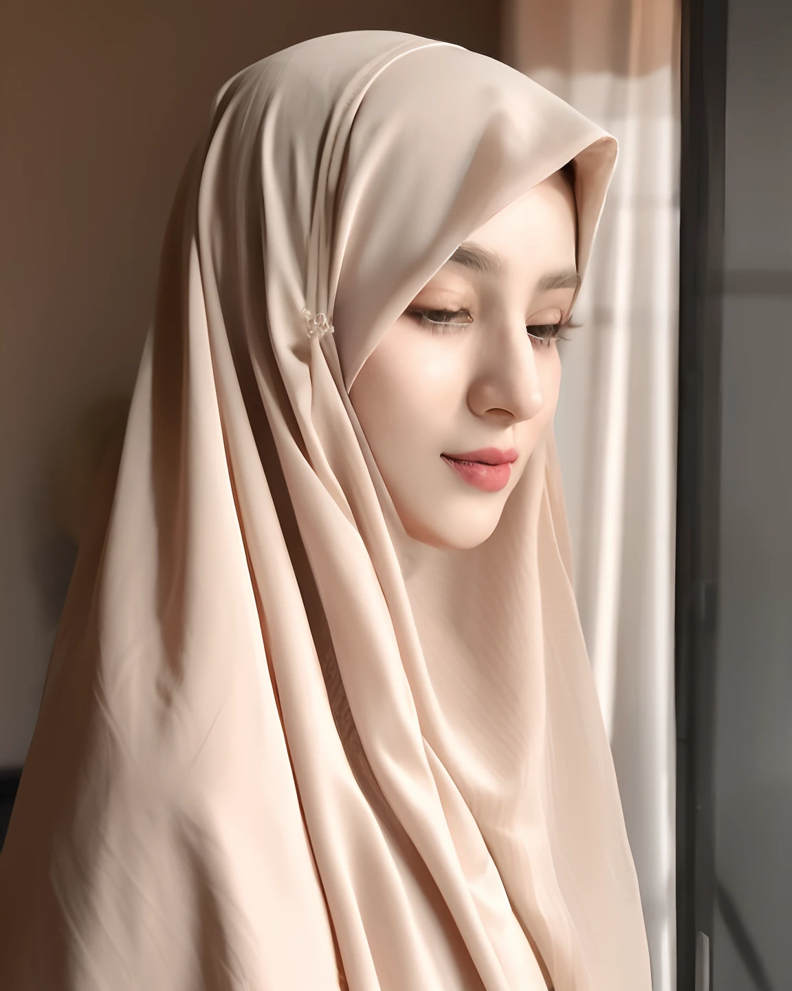 there is a woman wearing a hijab looking out a window, hijab, veiled, white hijab, veiled face, beautiful delicate face, very beautiful girl, lovely delicate face, pale-skinned persian girl, beautiful arab woman, beautiful, high quality portrait, portait photo profile picture, traditional beauty, very extremely beautiful, muslim, beautifully, beautiful girl