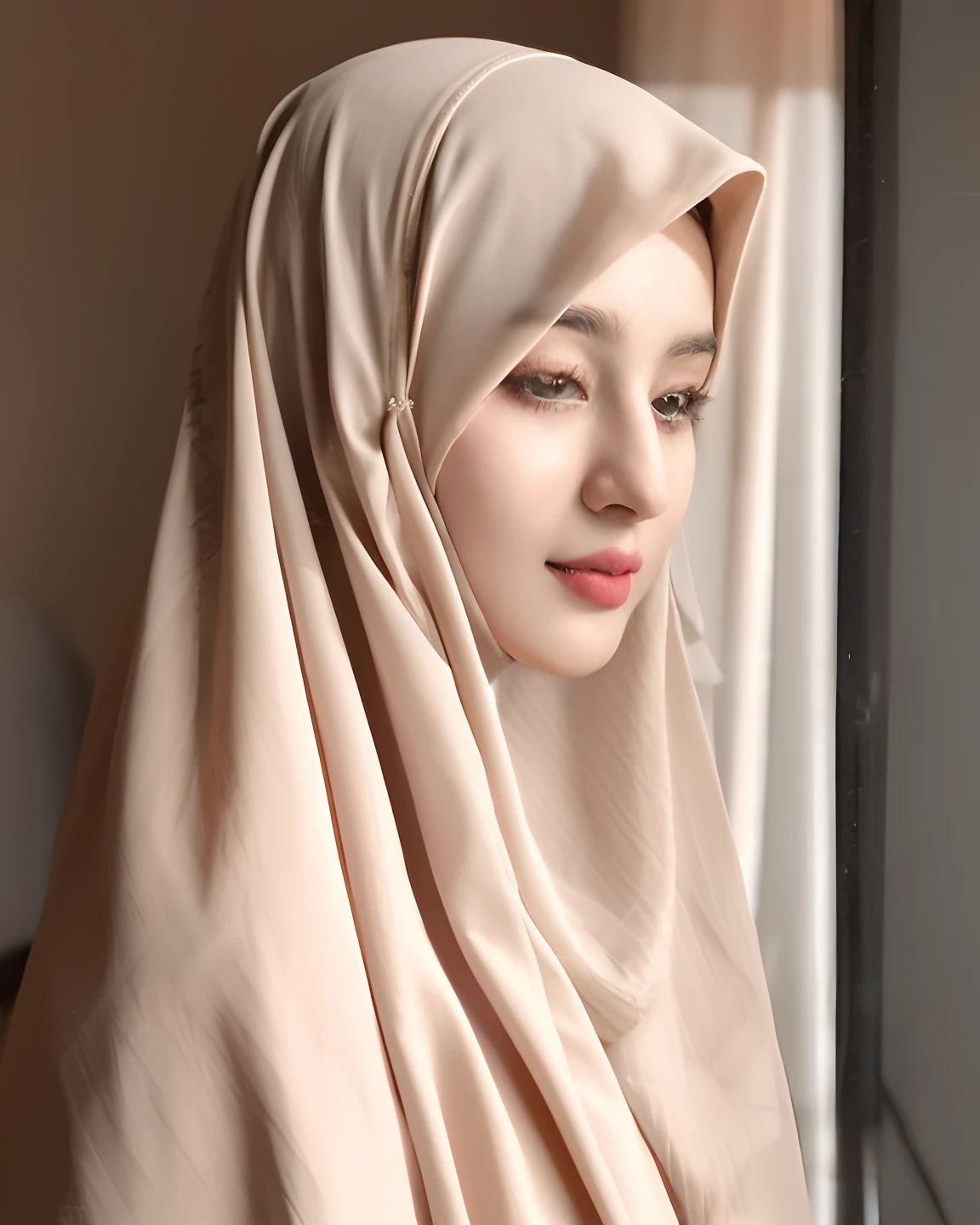 there is a woman wearing a hijab looking out a window, hijab, veiled, white hijab, veiled face, beautiful delicate face, very beautiful girl, lovely delicate face, pale-skinned persian girl, beautiful arab woman, beautiful, high quality portrait, portait photo profile picture, traditional beauty, very extremely beautiful, muslim, beautifully, beautiful girl