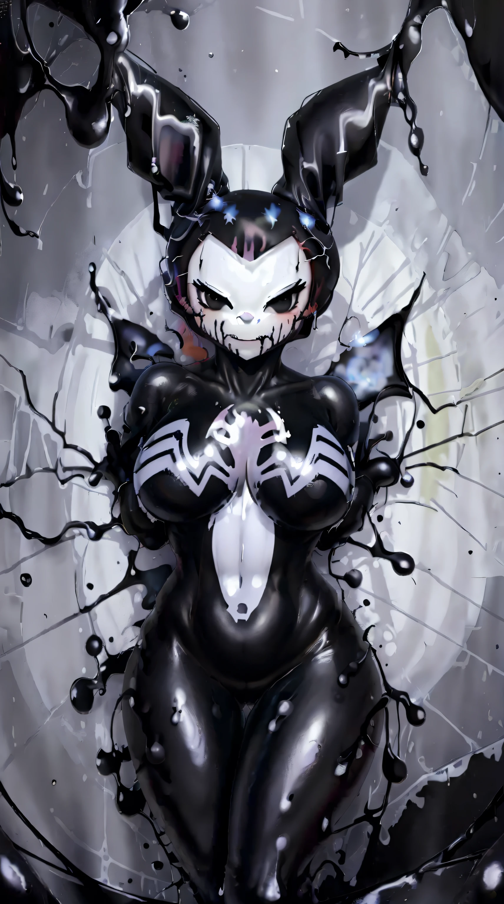 ((kuromi)), (solo), (black suit), (symbiote), (bunny body), (white venom symbol on her chest), (black goo all over her body), (black slime), sunset, post-apocalyptic, masterpiece, 8k HD high definition , detailed, hyper detailed, armature, best quality, ultra high res, high resolution