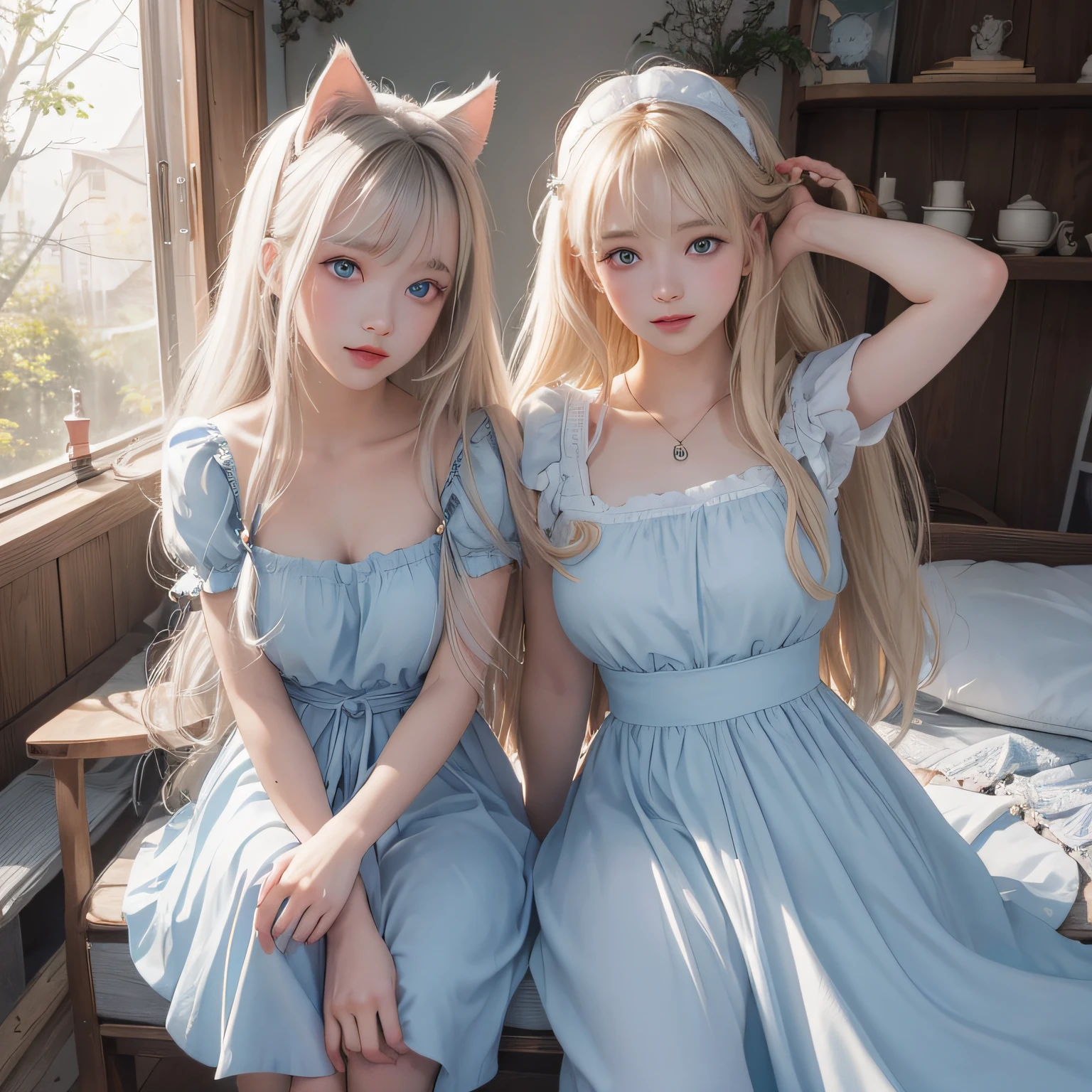 bright expression、photorealisim、top-quality、超A high resolution、a picture、Photo of an exquisitely beautiful Nordic-born girl、Extraordinary beautiful girl、Detailed cute and beautiful face、(pureerosface_v1:0.008)、Beautiful bangs、alice in the wonderland、18year old、Glowing white shiny skin、facial hairs、Bangs that extend to the face、Bangs between the eyes、Super long hair、Attractive light and dark platinum blonde super long straight silky hair、finer hair、Attractive glowing beautiful bright clear light blue big eyes、White Apron、Yellow dress、eye liner、Double eyelids、Lush bust、2 girls in、Cat's ears、great laughter、