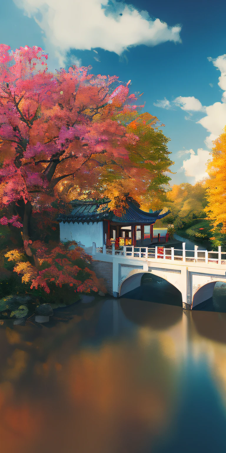 Masterpiece, best quality, high quality, extremely detailed CG unity 8k wallpaper, Chinese garden, landscape, amsterdam, autumn, outdoors, rainbow, sky, cloud, daytime, scenery, water, tree, blue sky, waterfall, nature, lake , river, cloudy sky, award winning photography, bokeh, depth of field, HDR, bloom, chromatic aberration, photorealism, very detailed, trending on artstation, trending on CGsociety, intricate, high detail, dramatic, art by midjourney