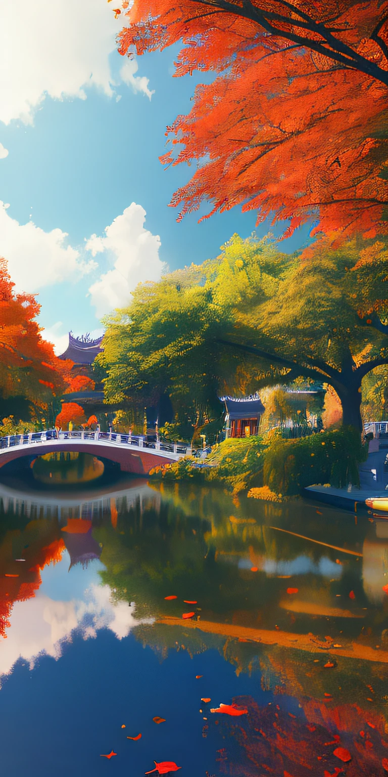 Masterpiece, best quality, high quality, extremely detailed CG unity 8k wallpaper, Chinese garden, landscape, amsterdam, autumn, outdoors, rainbow, sky, cloud, daytime, scenery, water, tree, blue sky, waterfall, nature, lake , river, cloudy sky, award winning photography, bokeh, depth of field, HDR, bloom, chromatic aberration, photorealism, very detailed, trending on artstation, trending on CGsociety, intricate, high detail, dramatic, art by midjourney